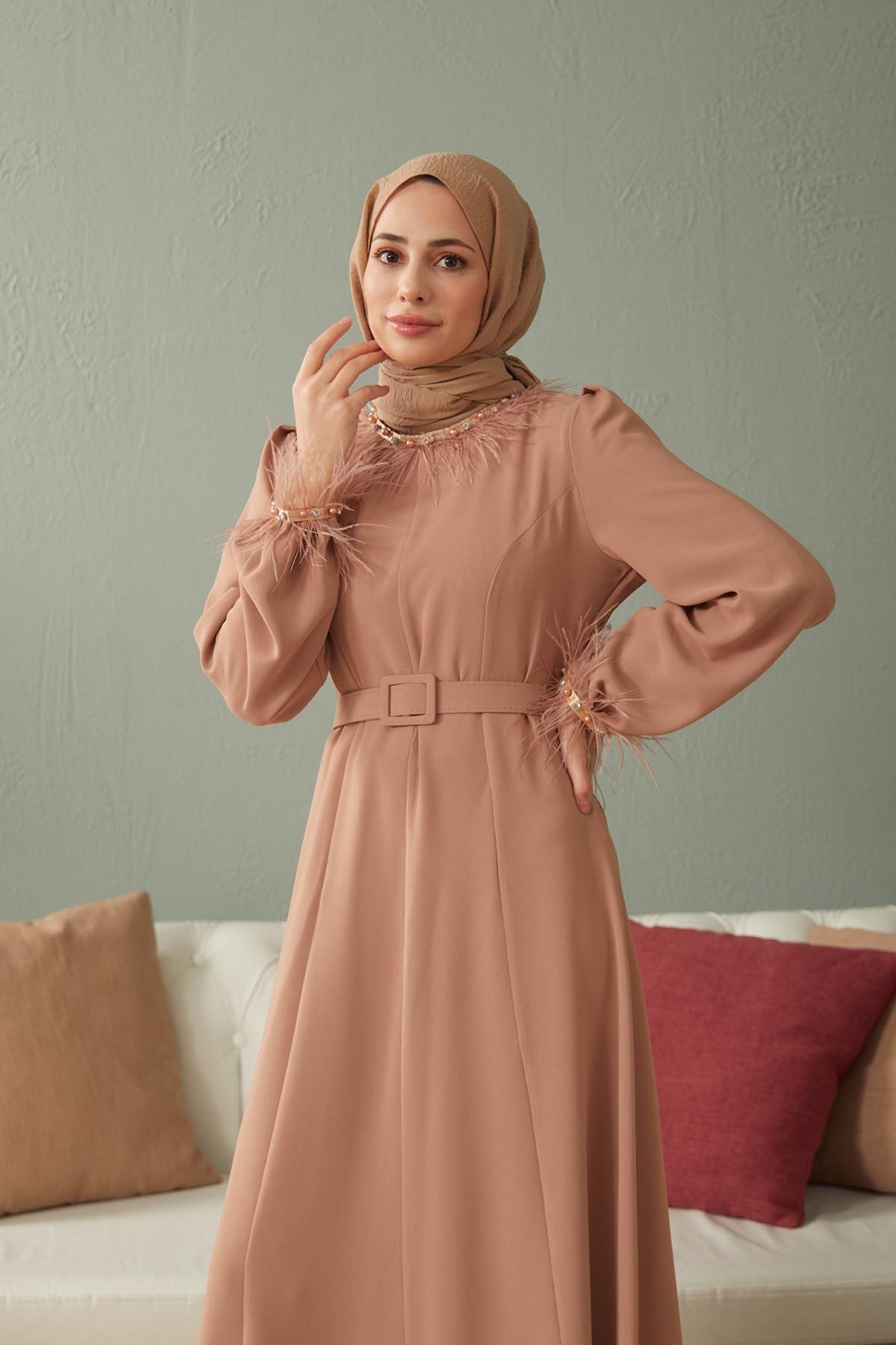 Tesettür Esla Krep Elbise VizonHM4142-1