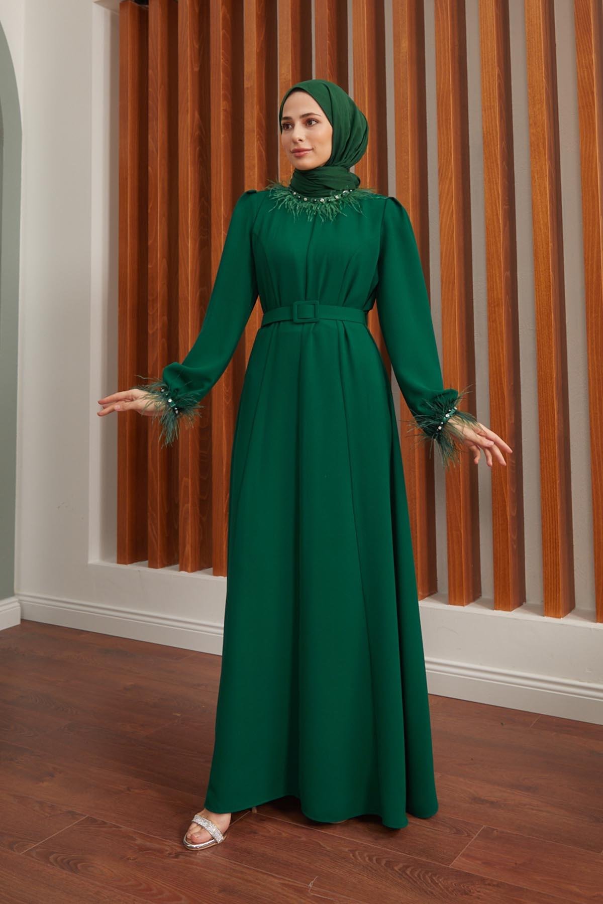Tesettür Esla Krep Elbise Zümrüt YeşiliHM4142-1