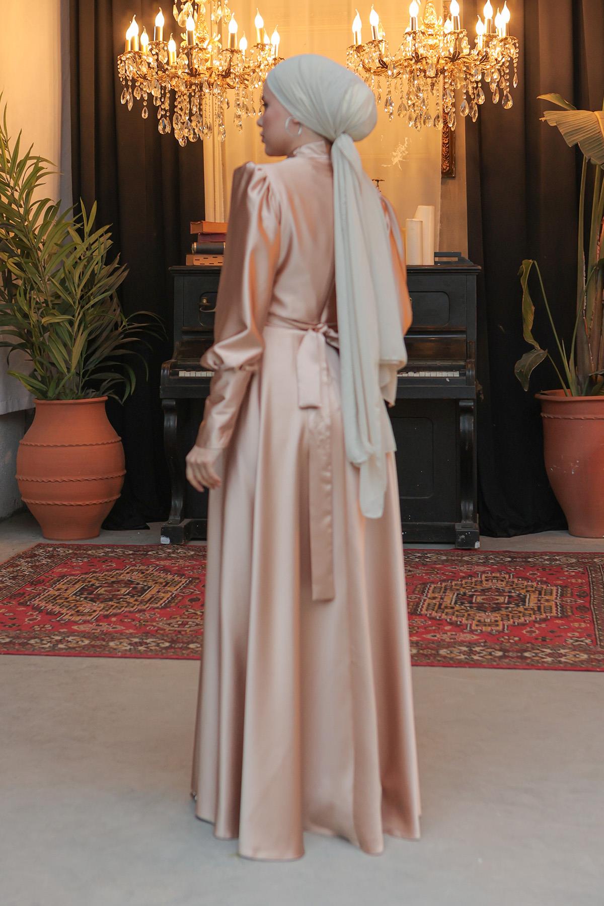 Tesettür Esrina Saten Abiye CamelLP6041