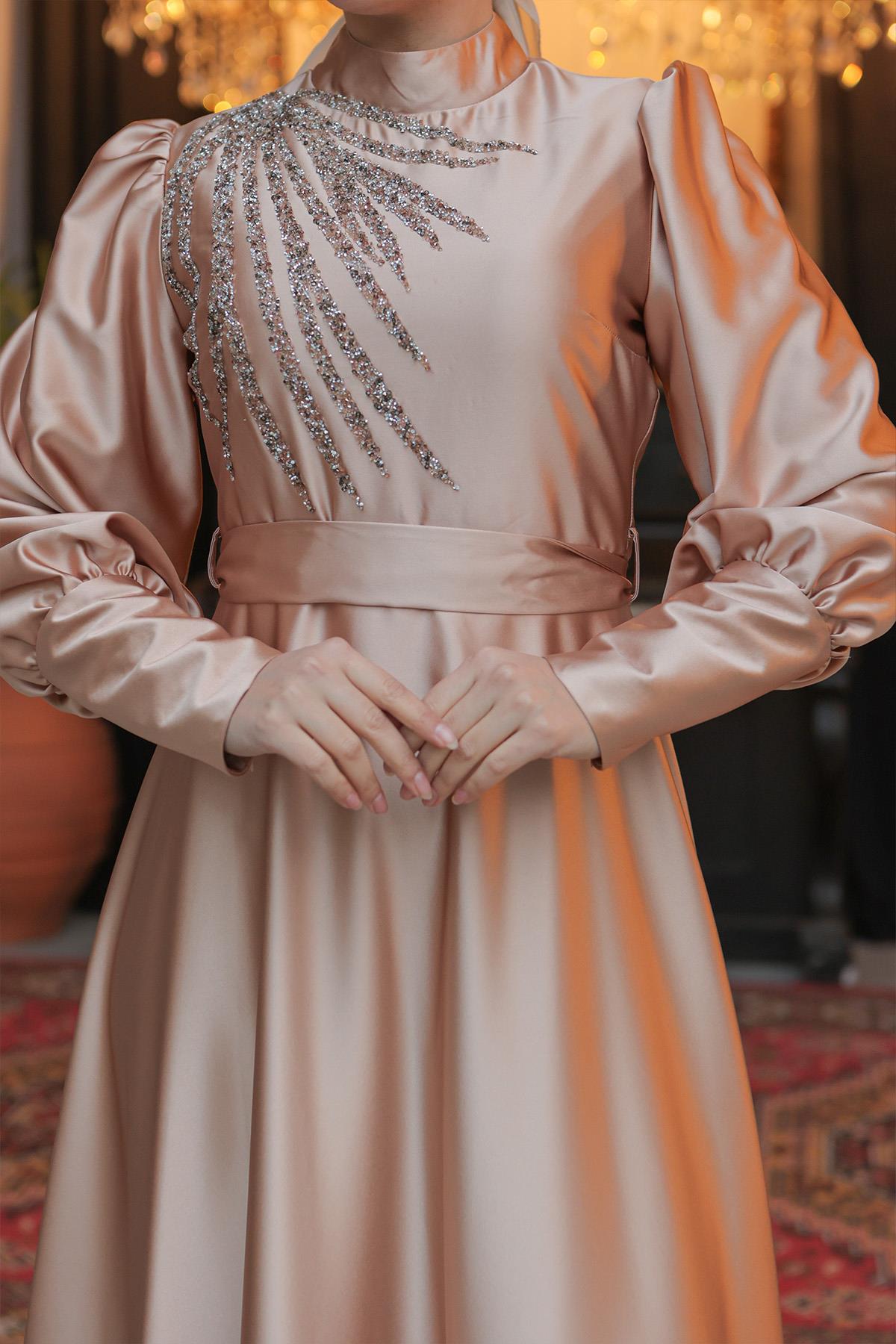 Tesettür Esrina Saten Abiye CamelLP6041