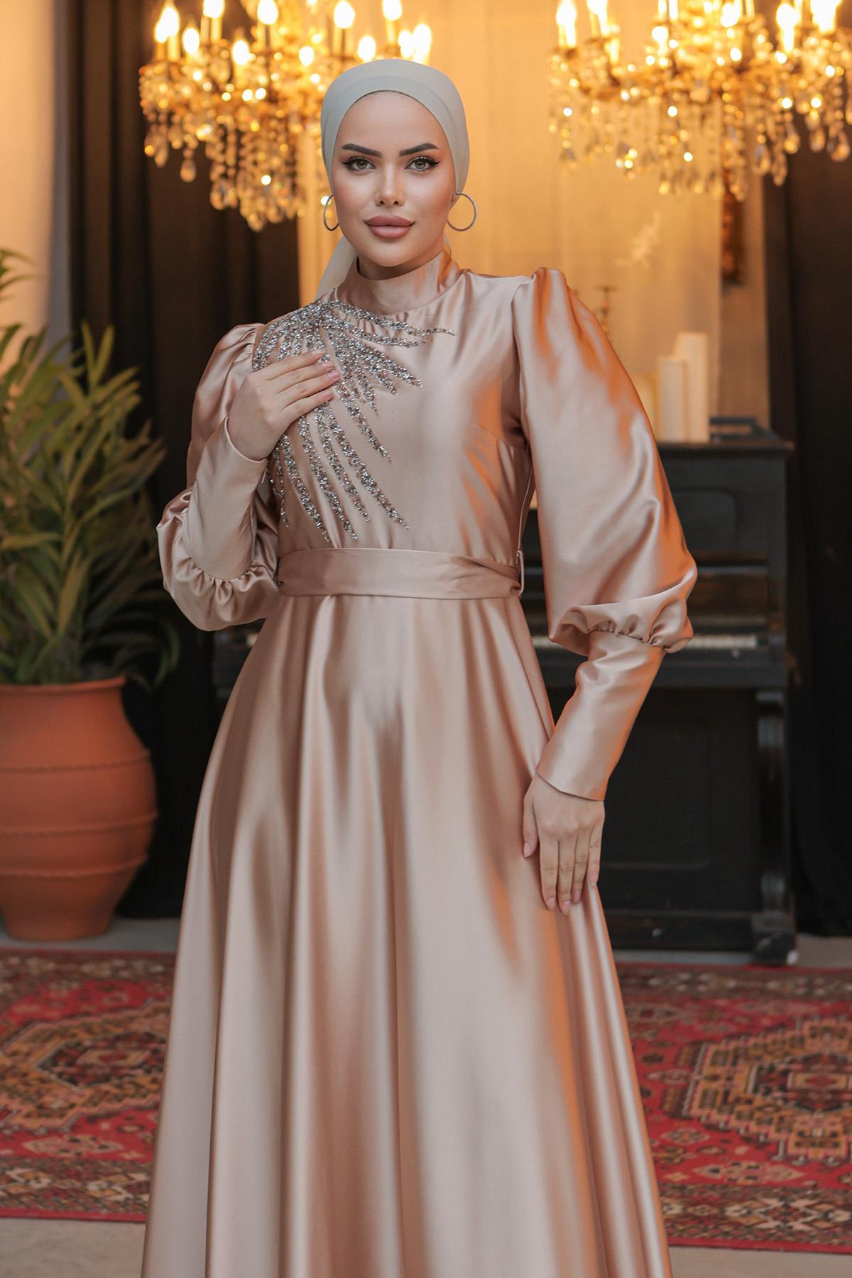 Tesettür Esrina Saten Abiye CamelLP6041