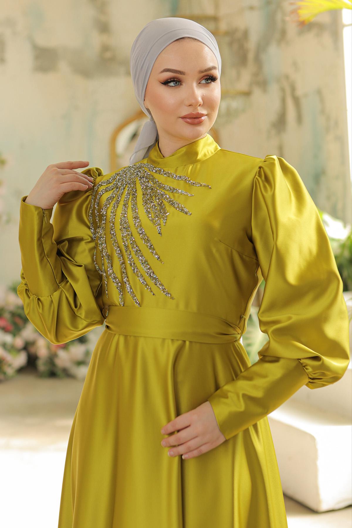 Tesettür Esrina Saten Abiye Yağ YeşiliLP6041