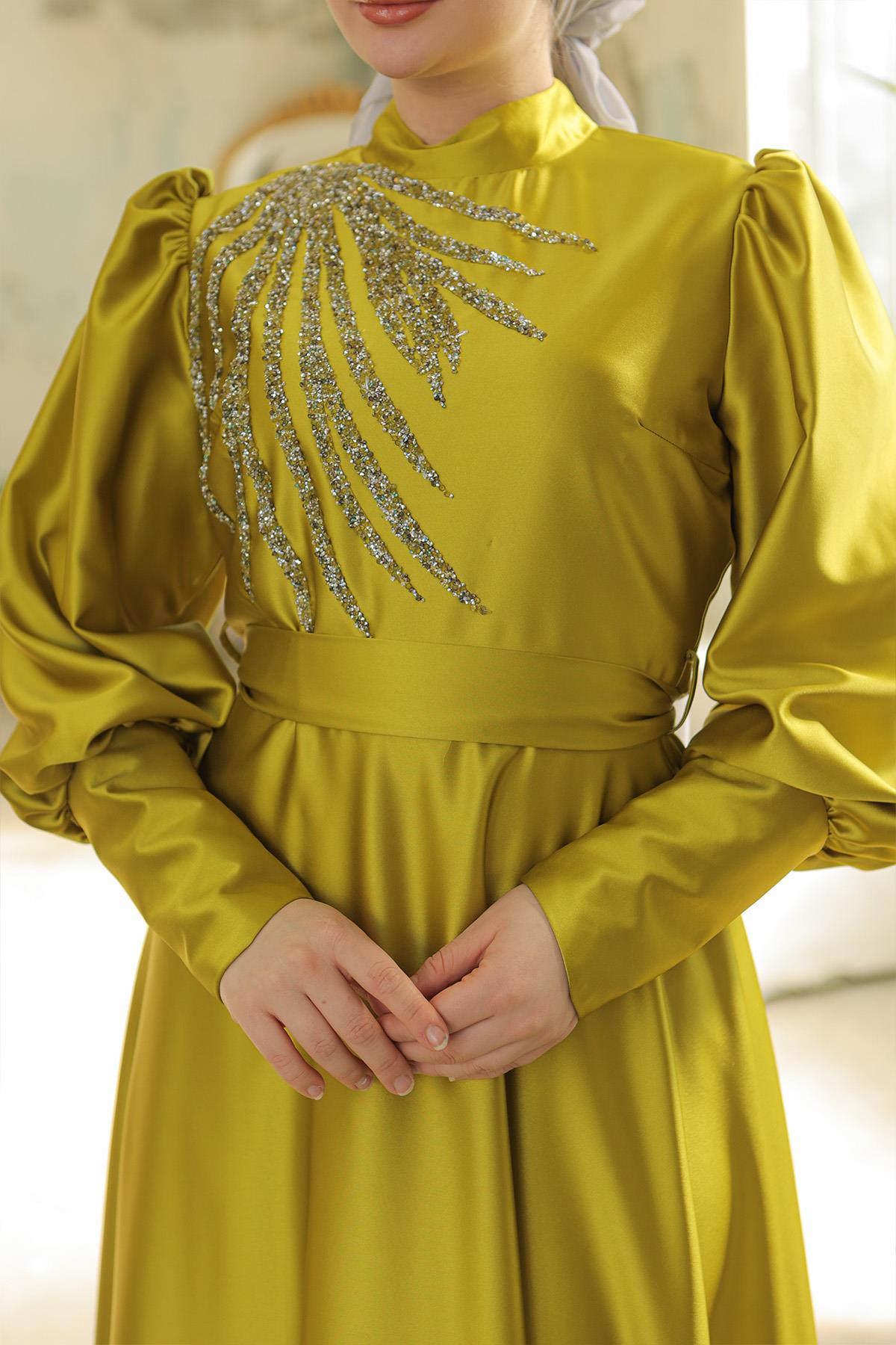 Tesettür Esrina Saten Abiye Yağ YeşiliLP6041