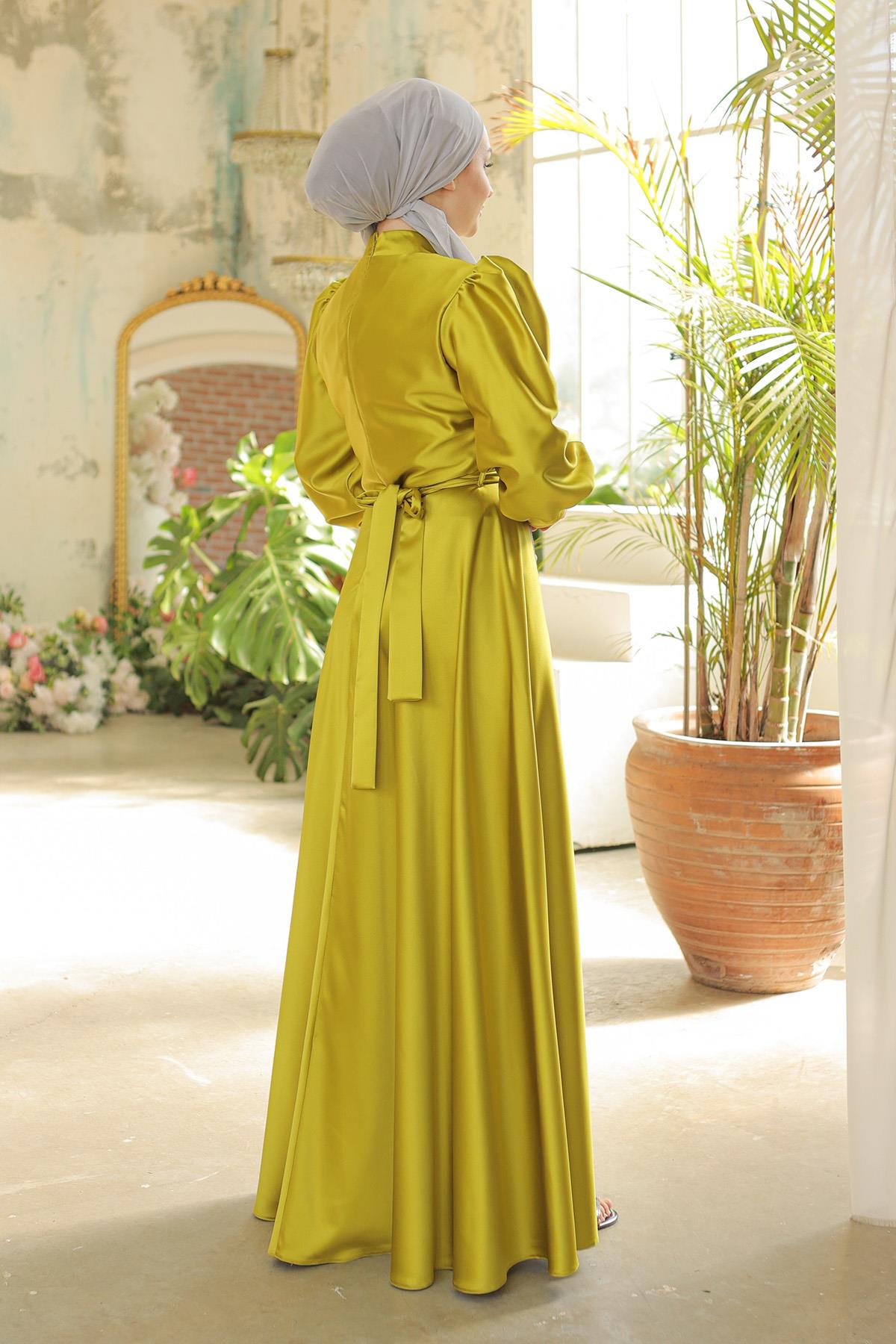 Tesettür Esrina Saten Abiye Yağ YeşiliLP6041