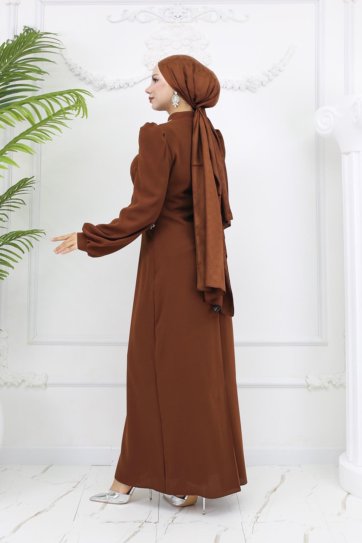 Tesettür Eva Krep Abiye KahverengiLP6162