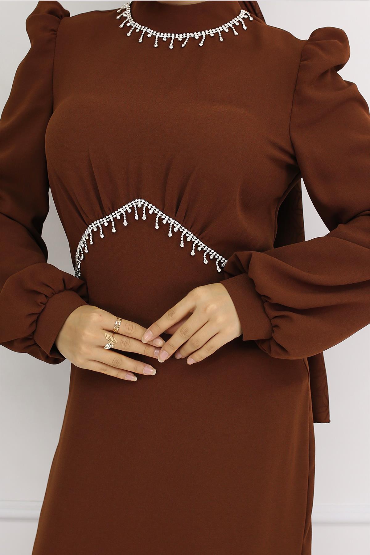 Tesettür Eva Krep Abiye KahverengiLP6162