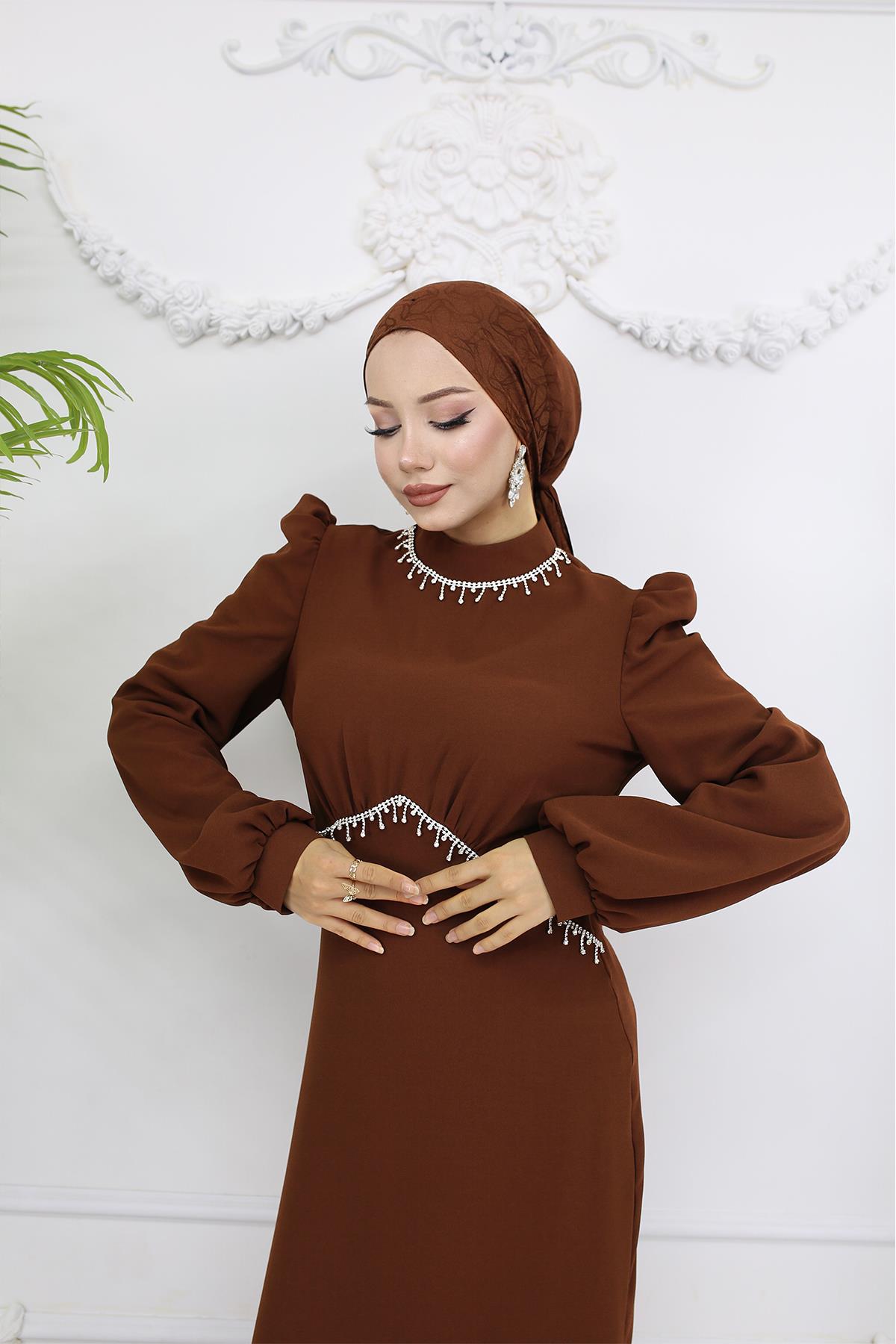 Tesettür Eva Krep Abiye KahverengiLP6162