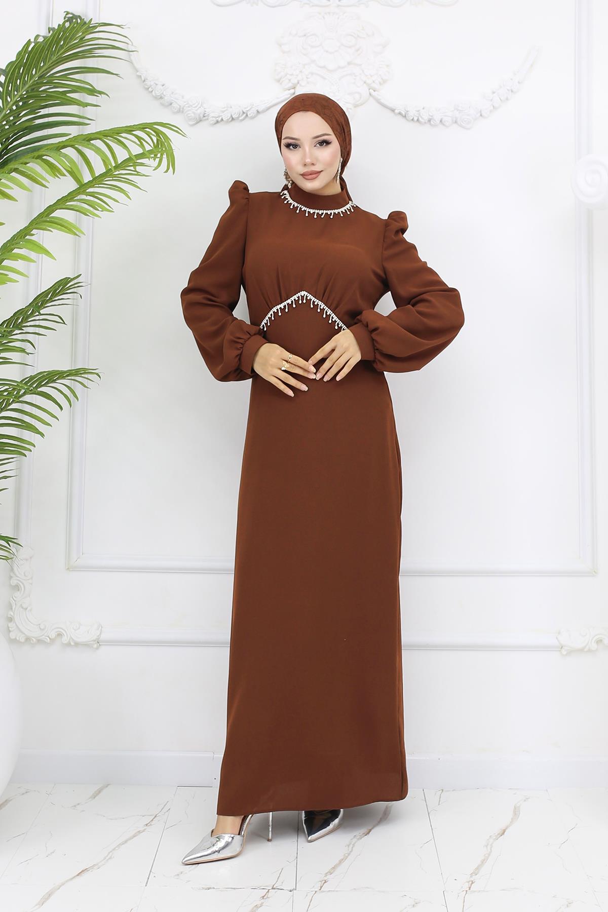 Tesettür Eva Krep Abiye KahverengiLP6162
