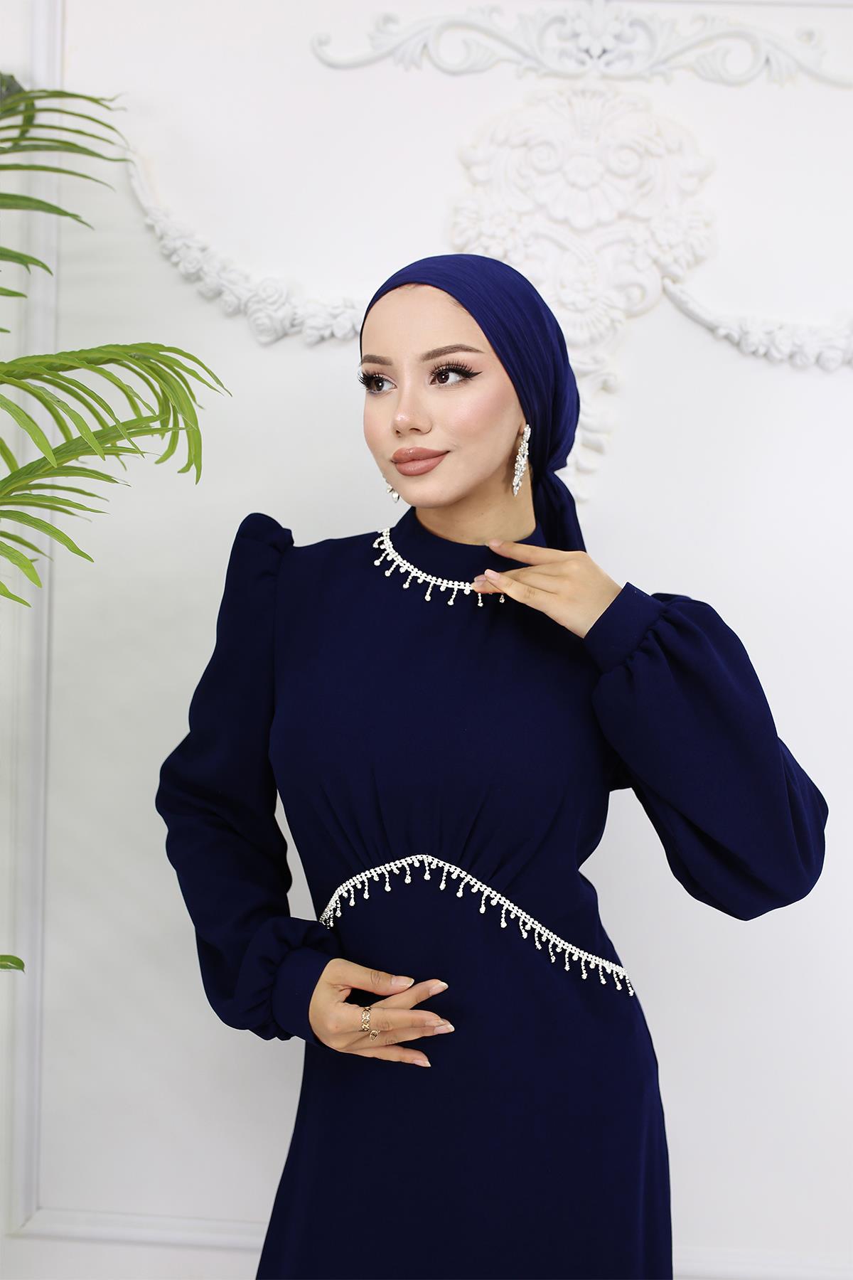 Tesettür Eva Krep Abiye LacivertLP6162