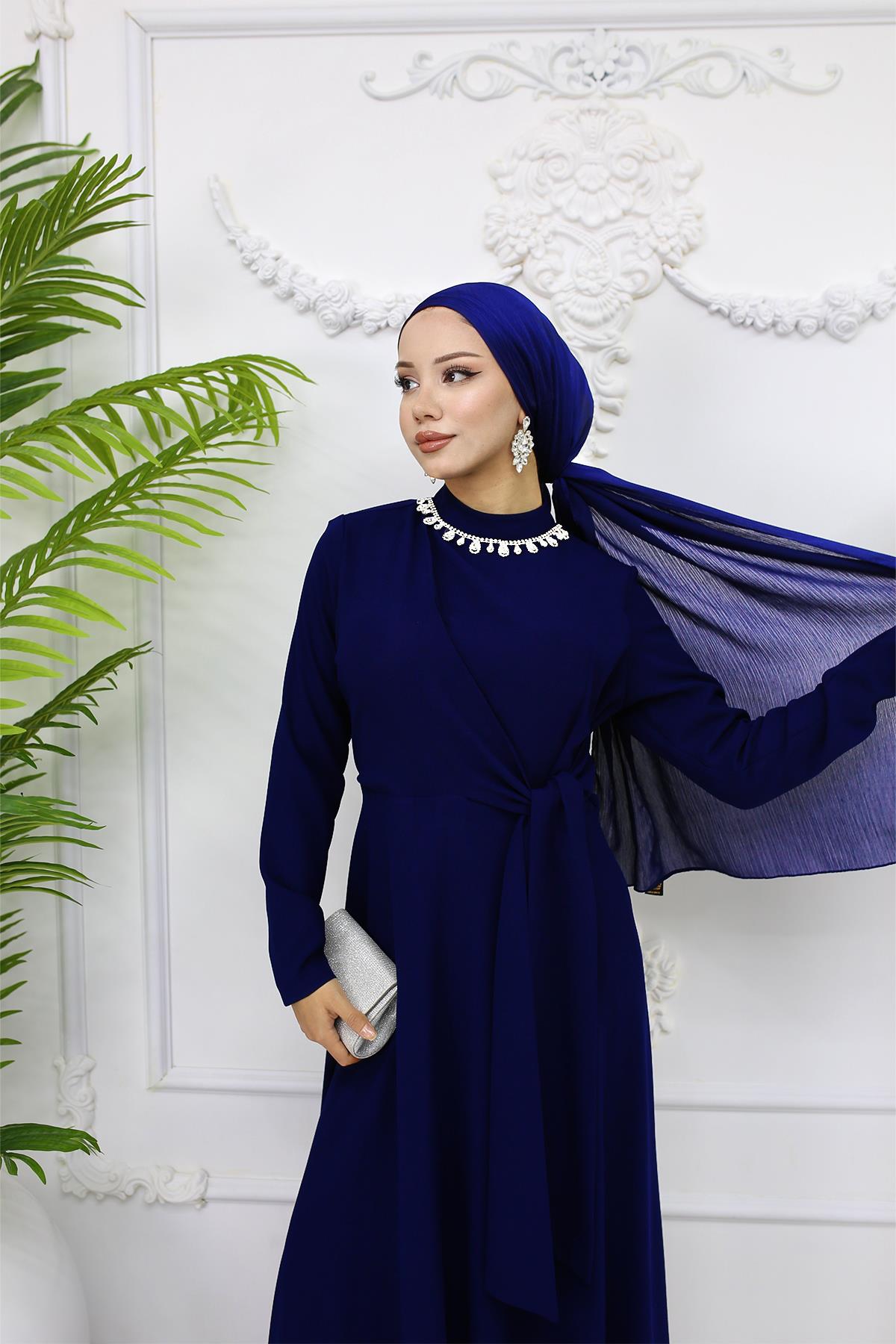 Tesettür Fera Krep Abiye LacivertLP6163