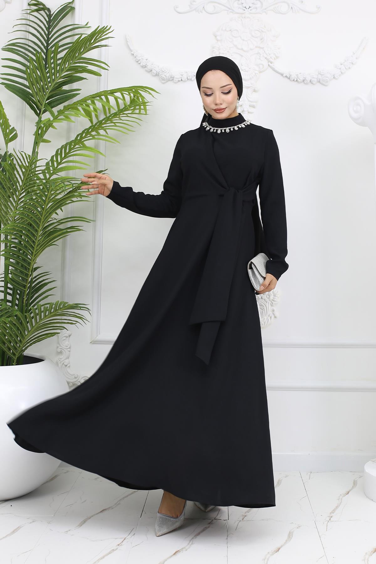 Tesettür Fera Krep Abiye SiyahLP6163