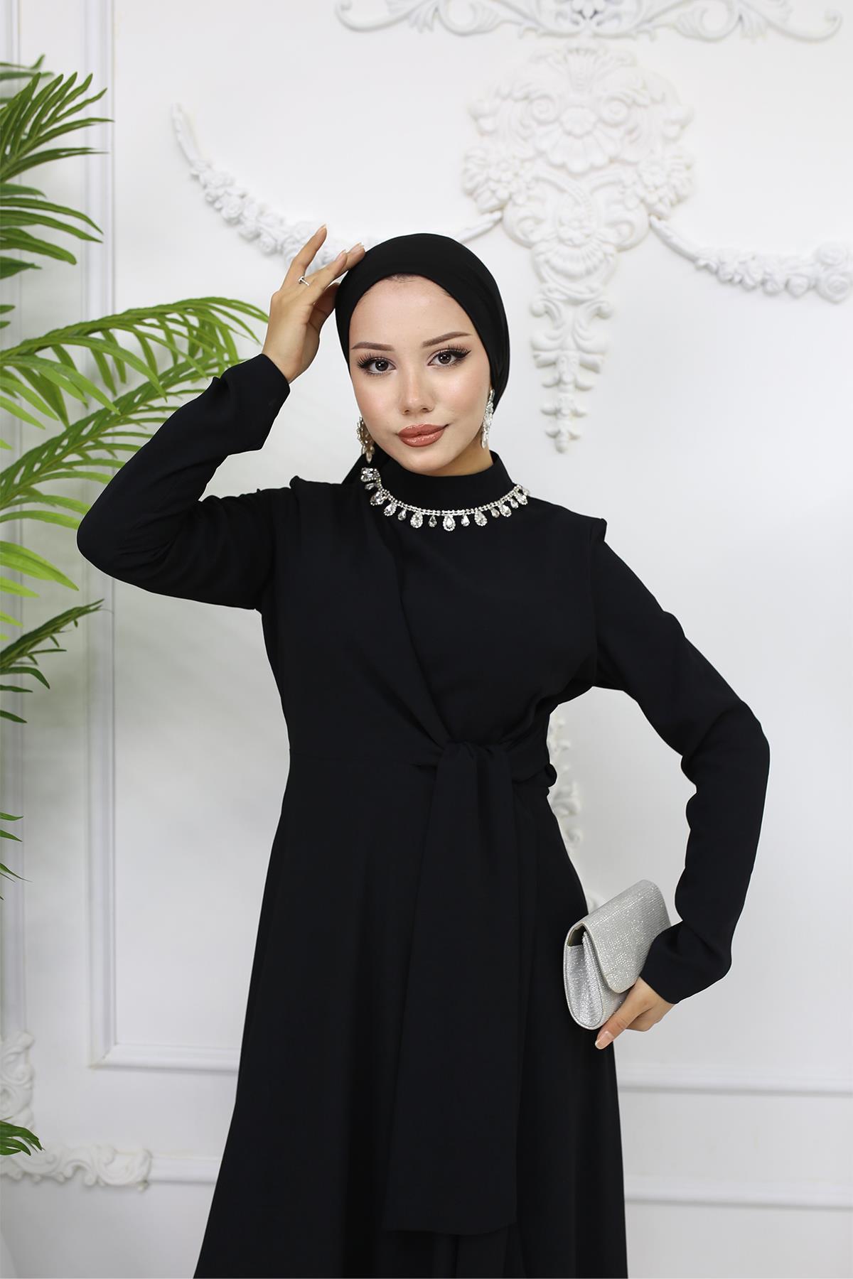 Tesettür Fera Krep Abiye SiyahLP6163