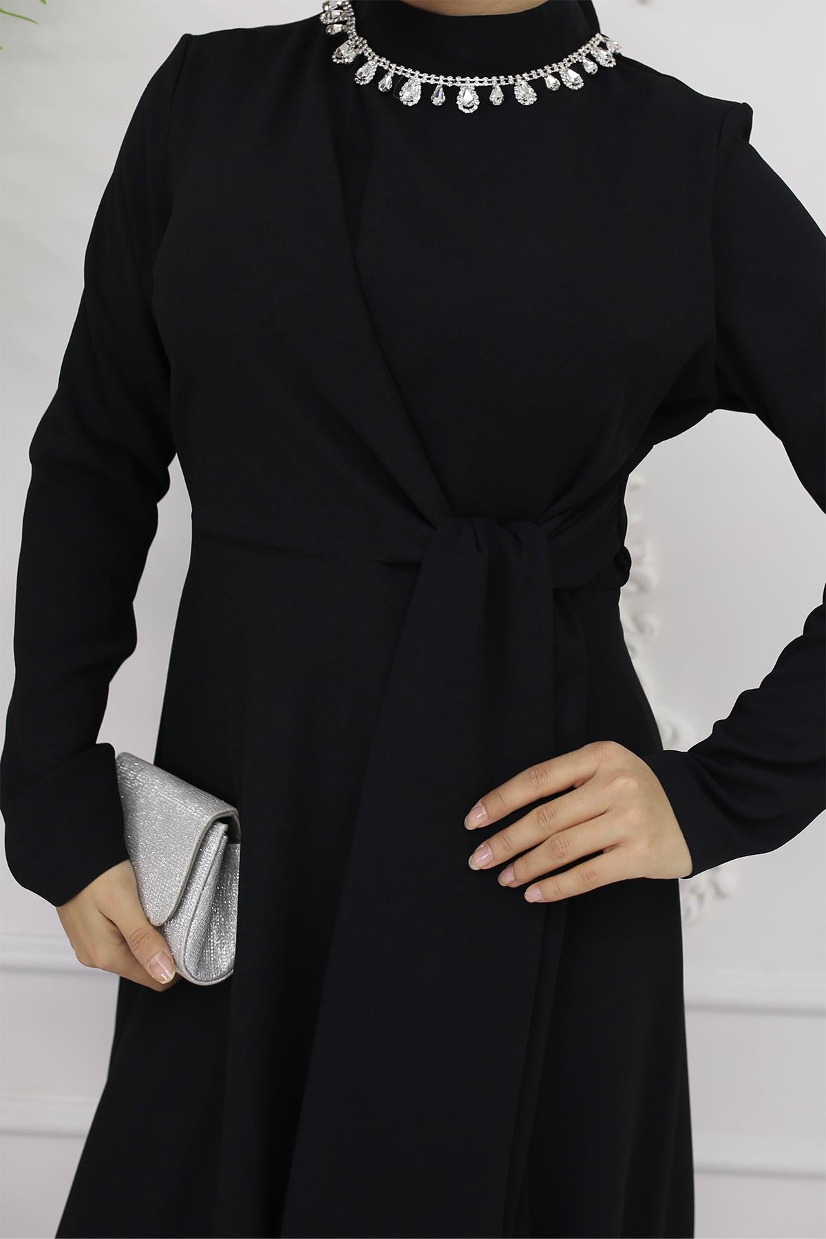 Tesettür Fera Krep Abiye SiyahLP6163