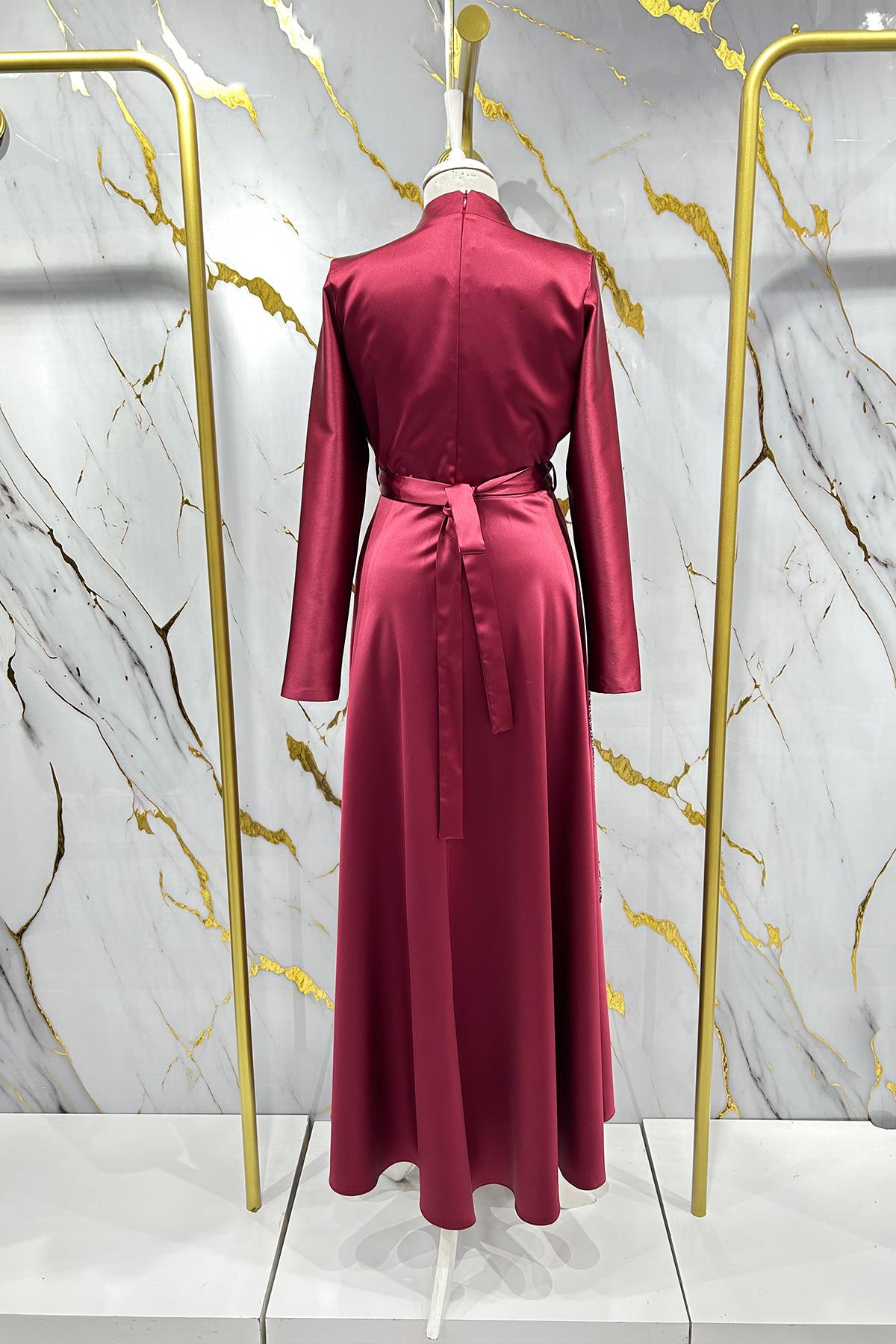 Tesettür Feray Saten Abiye BordoLP6179