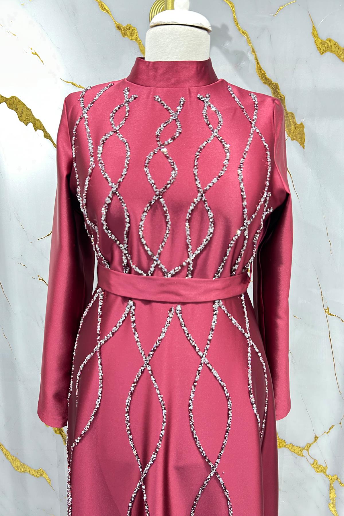 Tesettür Feray Saten Abiye BordoLP6179