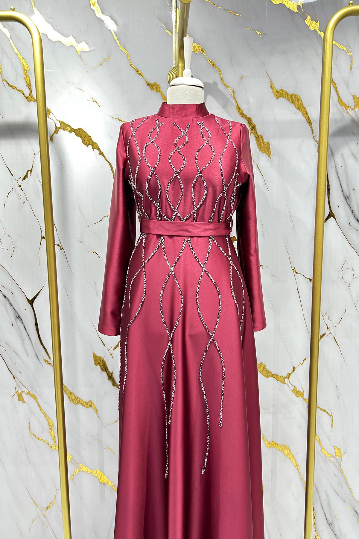 Tesettür Feray Saten Abiye BordoLP6179