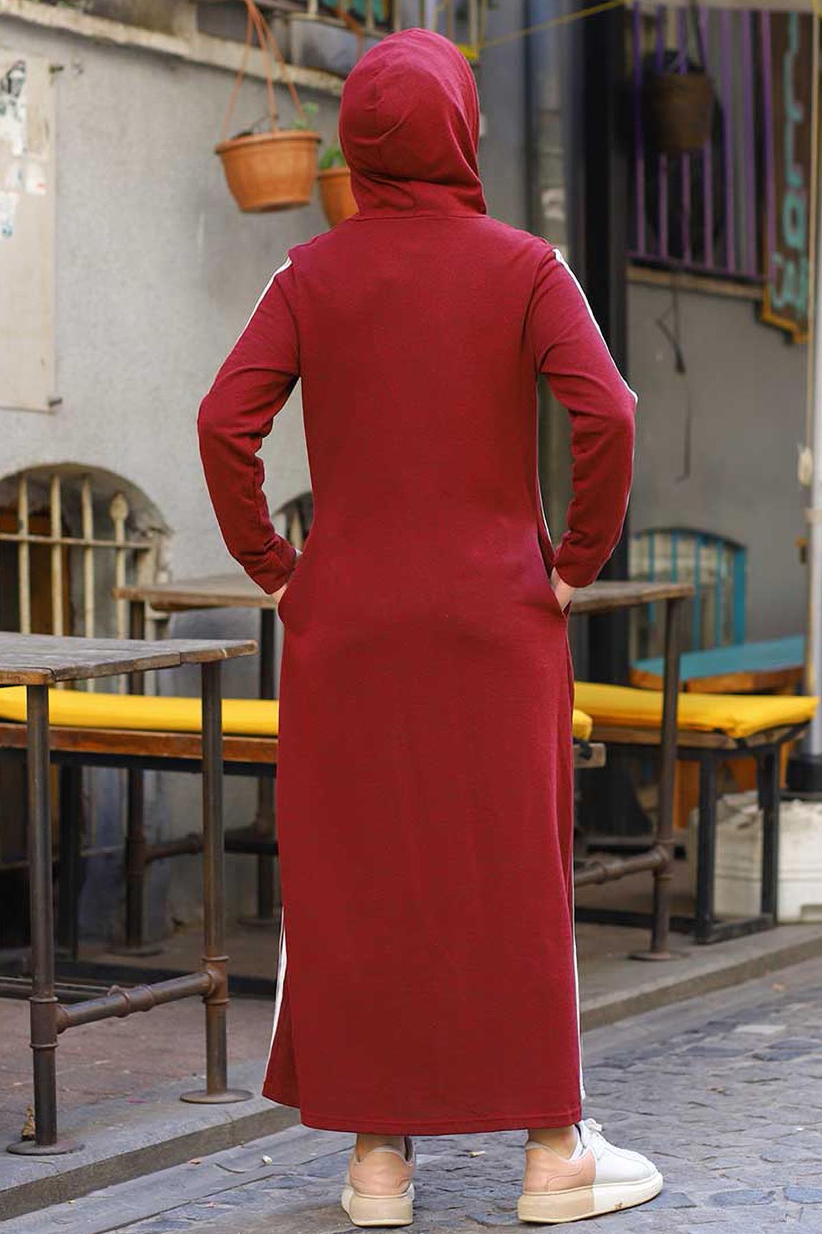 Tesettür Fermuarlı Şeritli Ferace BordoHM0102