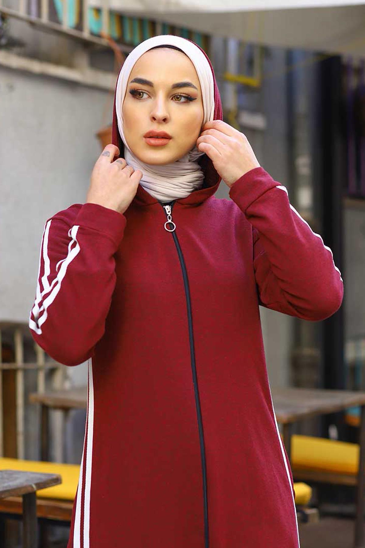 Tesettür Fermuarlı Şeritli Ferace BordoHM0102