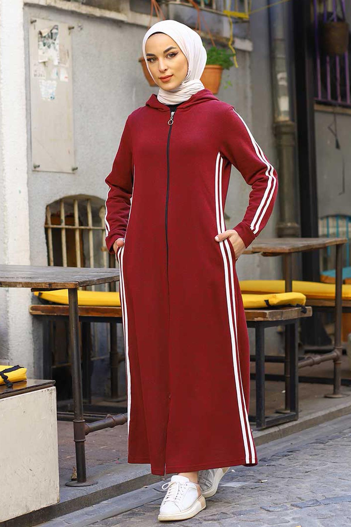 Tesettür Fermuarlı Şeritli Ferace BordoHM0102