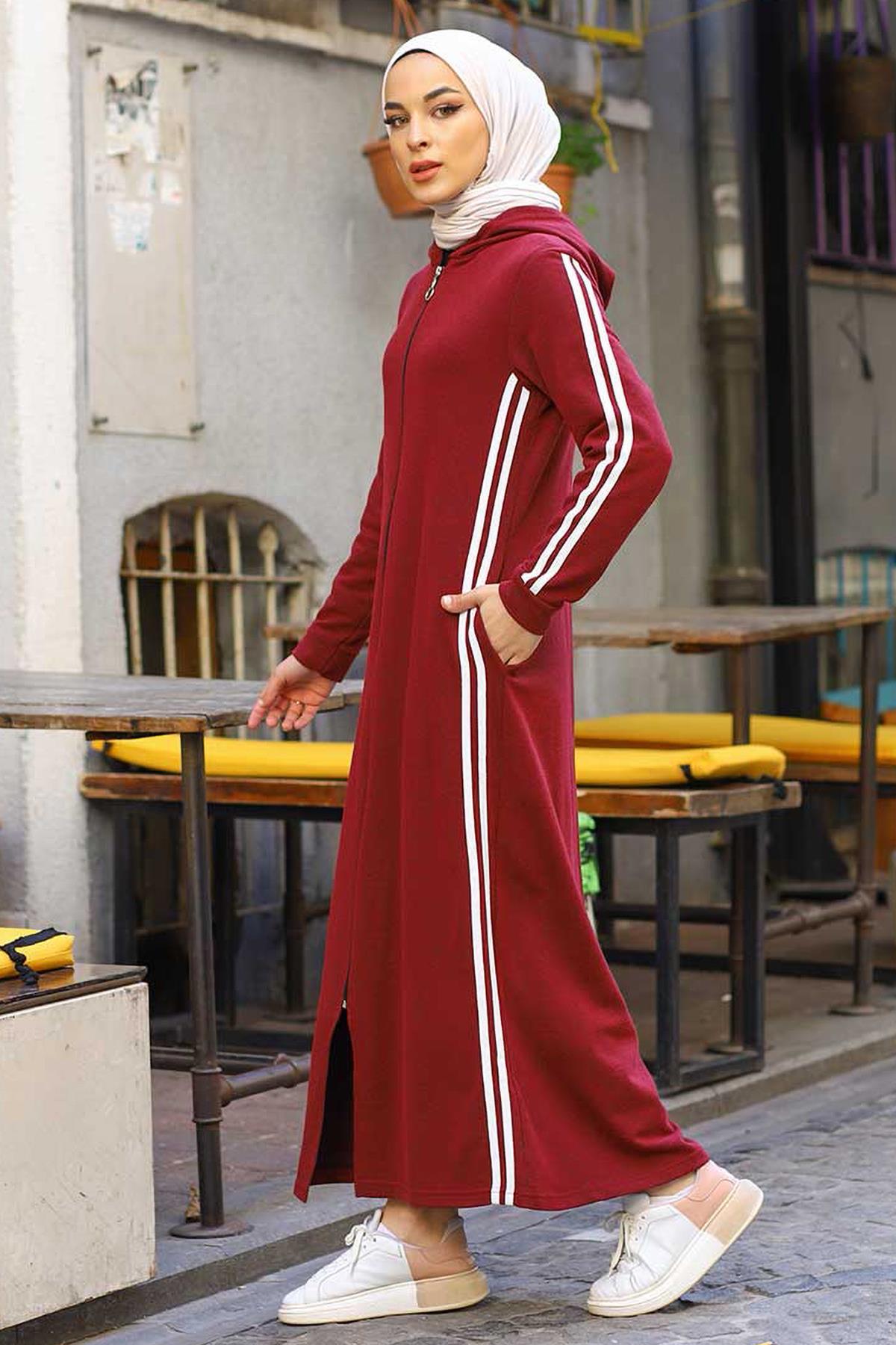Tesettür Fermuarlı Şeritli Ferace BordoHM0102