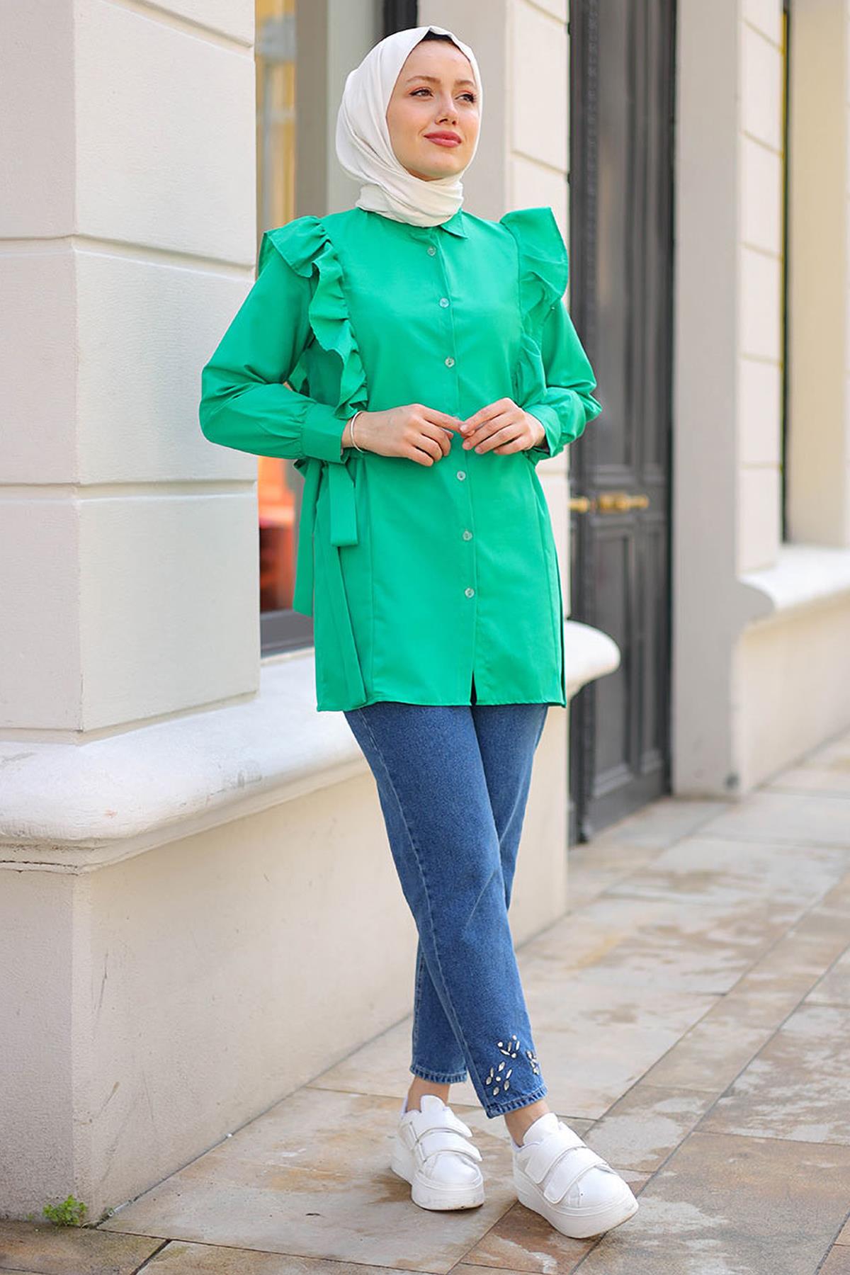 Tesettür Fırfırlı Yandan Bağlamalı Tunik YeşilHM1359