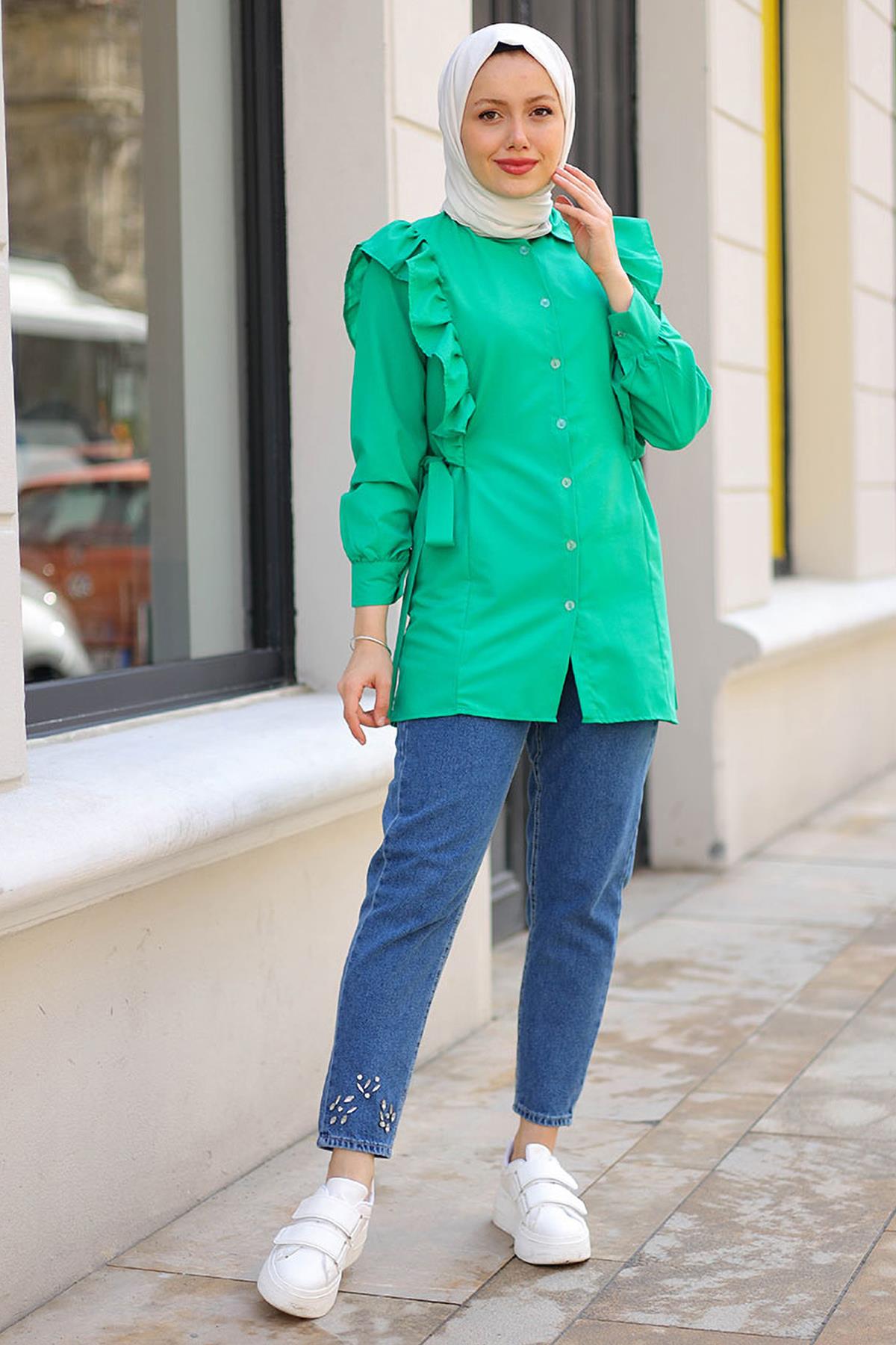 Tesettür Fırfırlı Yandan Bağlamalı Tunik YeşilHM1359