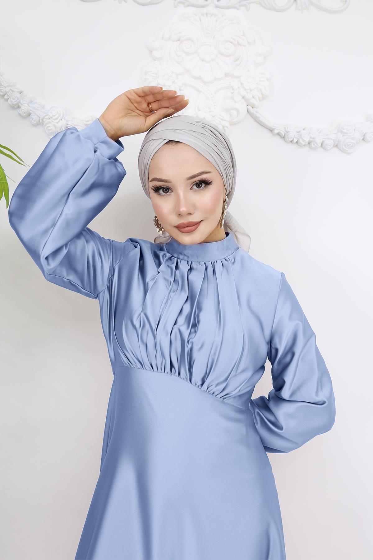 Tesettür Gülnun Saten Abiye Açık MaviLP6094