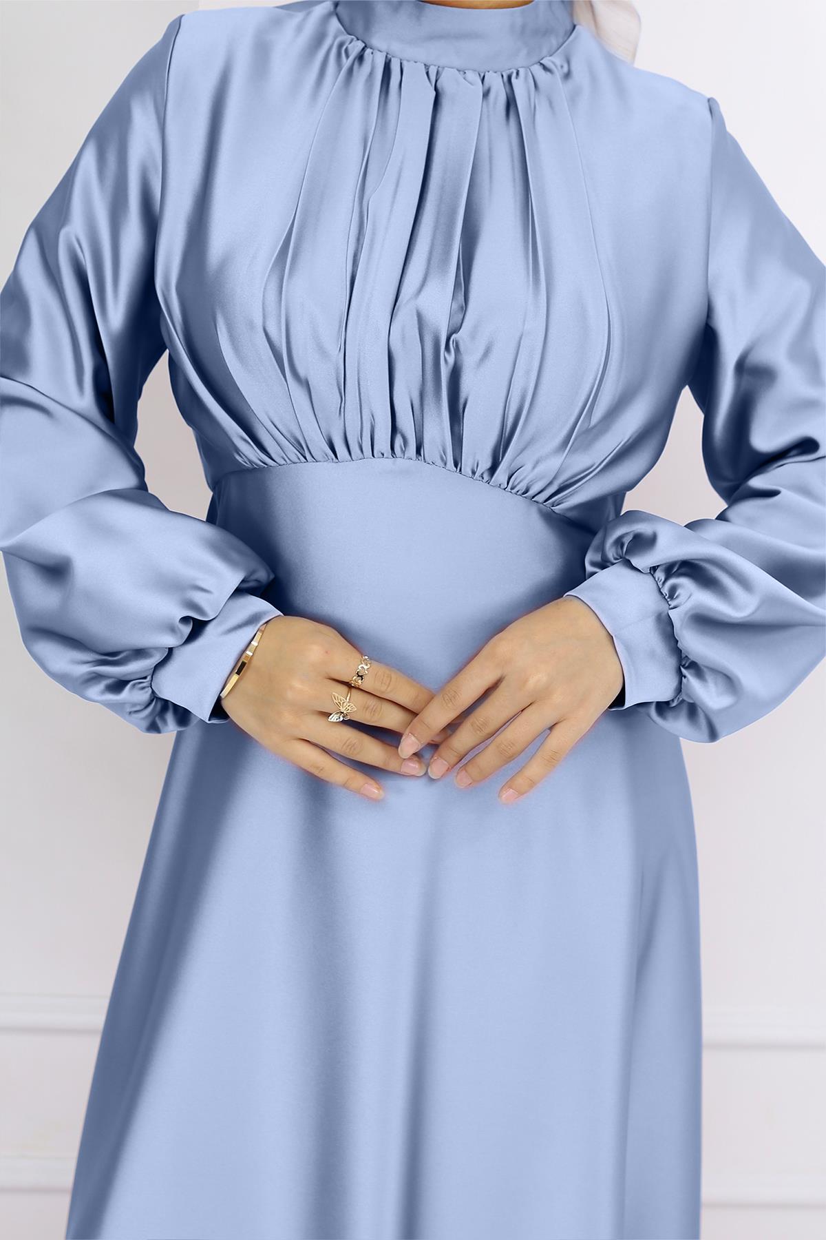 Tesettür Gülnun Saten Abiye Açık MaviLP6094