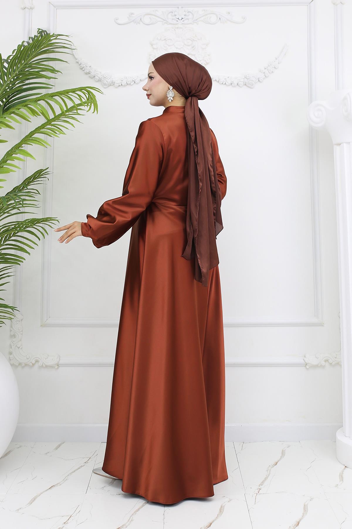 Tesettür Gülnun Saten Abiye Bakır RengiLP6094