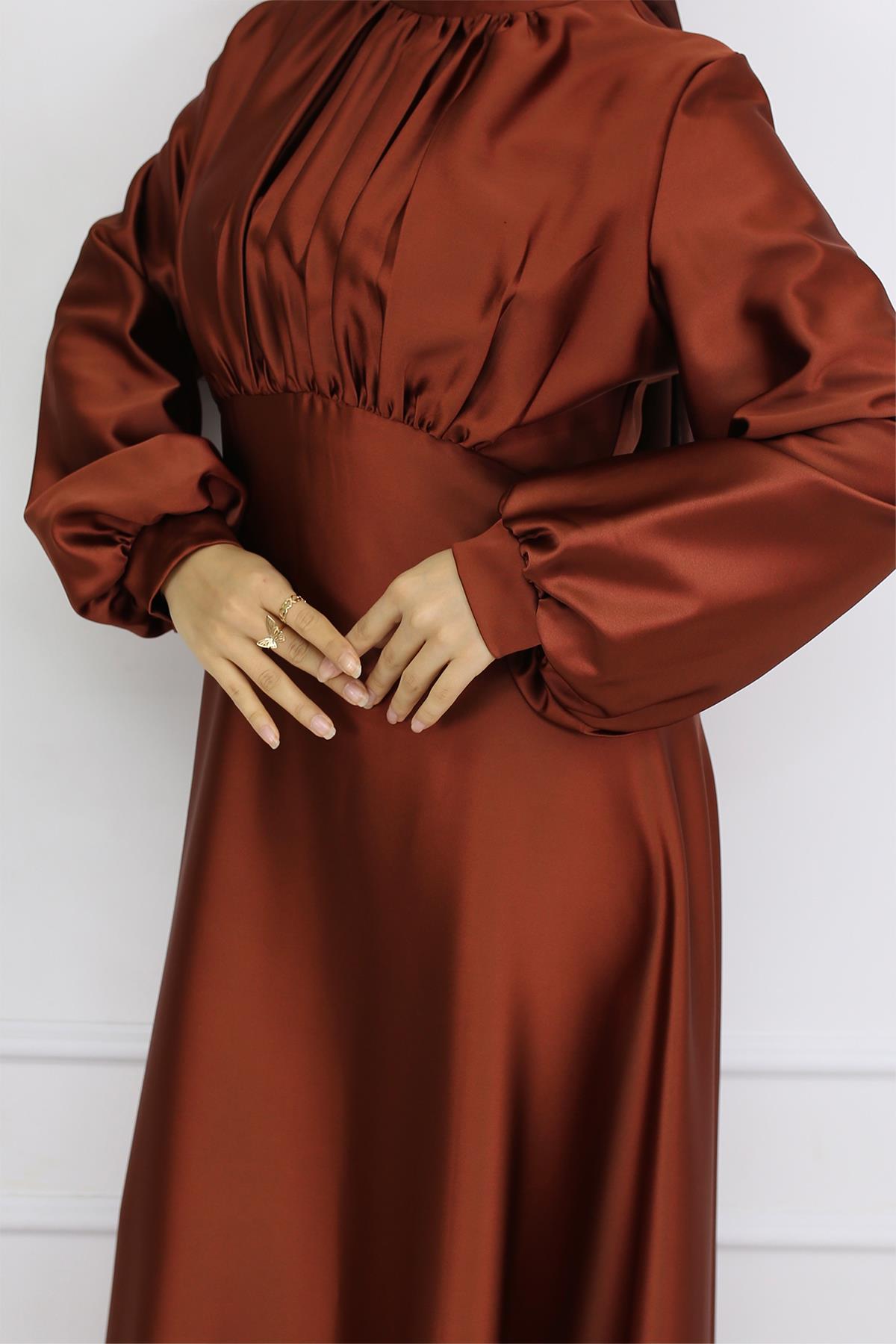 Tesettür Gülnun Saten Abiye Bakır RengiLP6094