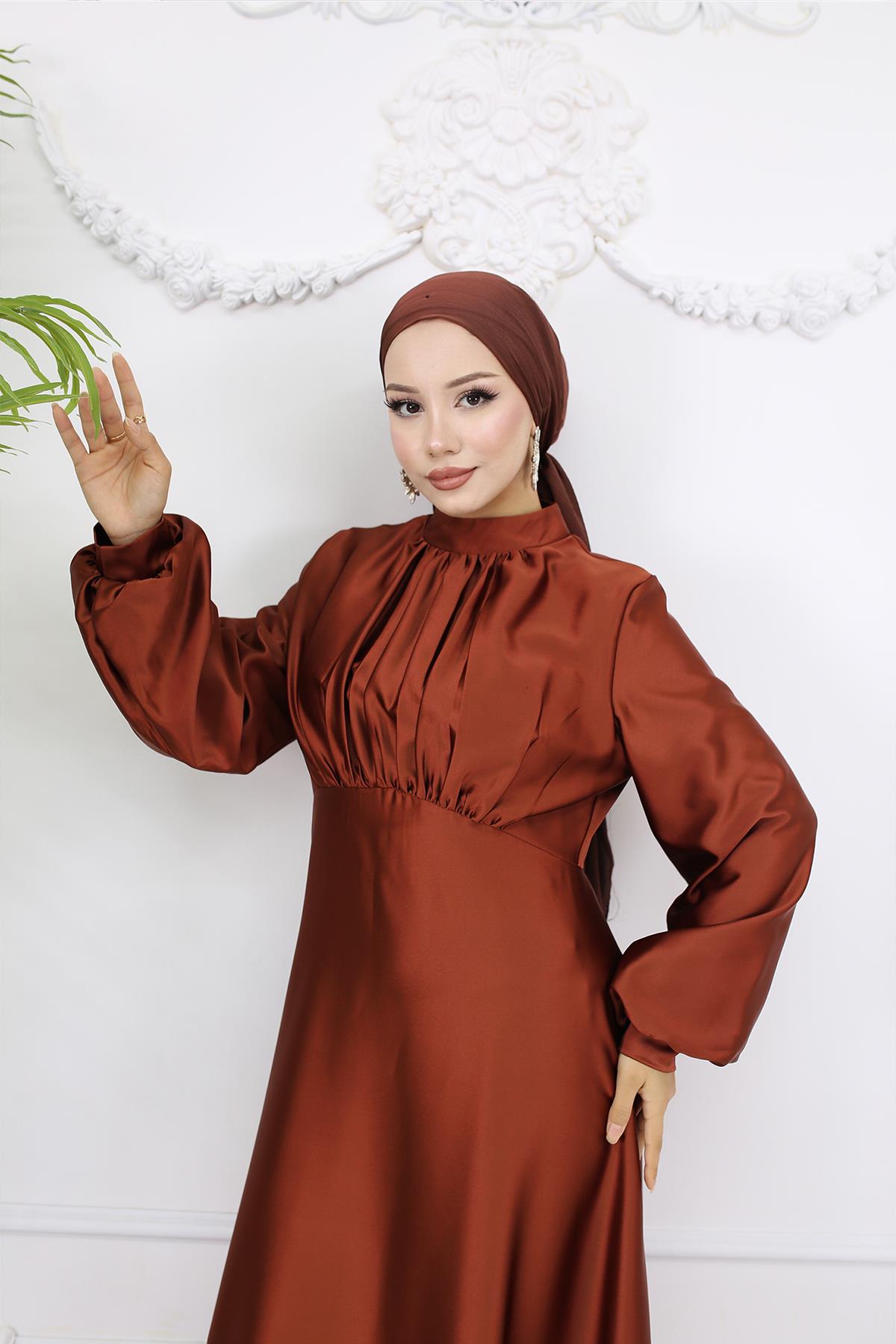 Tesettür Gülnun Saten Abiye Bakır RengiLP6094