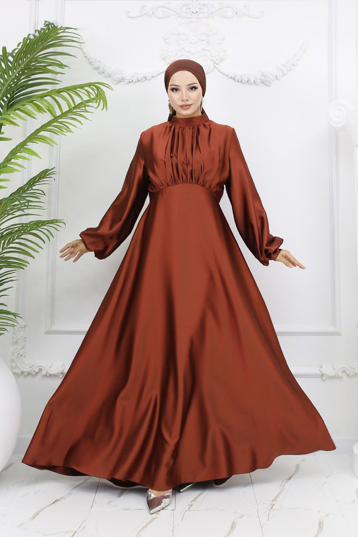 Tesettür Gülnun Saten Abiye Bakır RengiLP6094