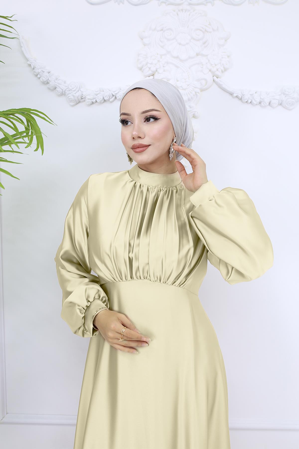 Tesettür Gülnun Saten Abiye BejLP6094