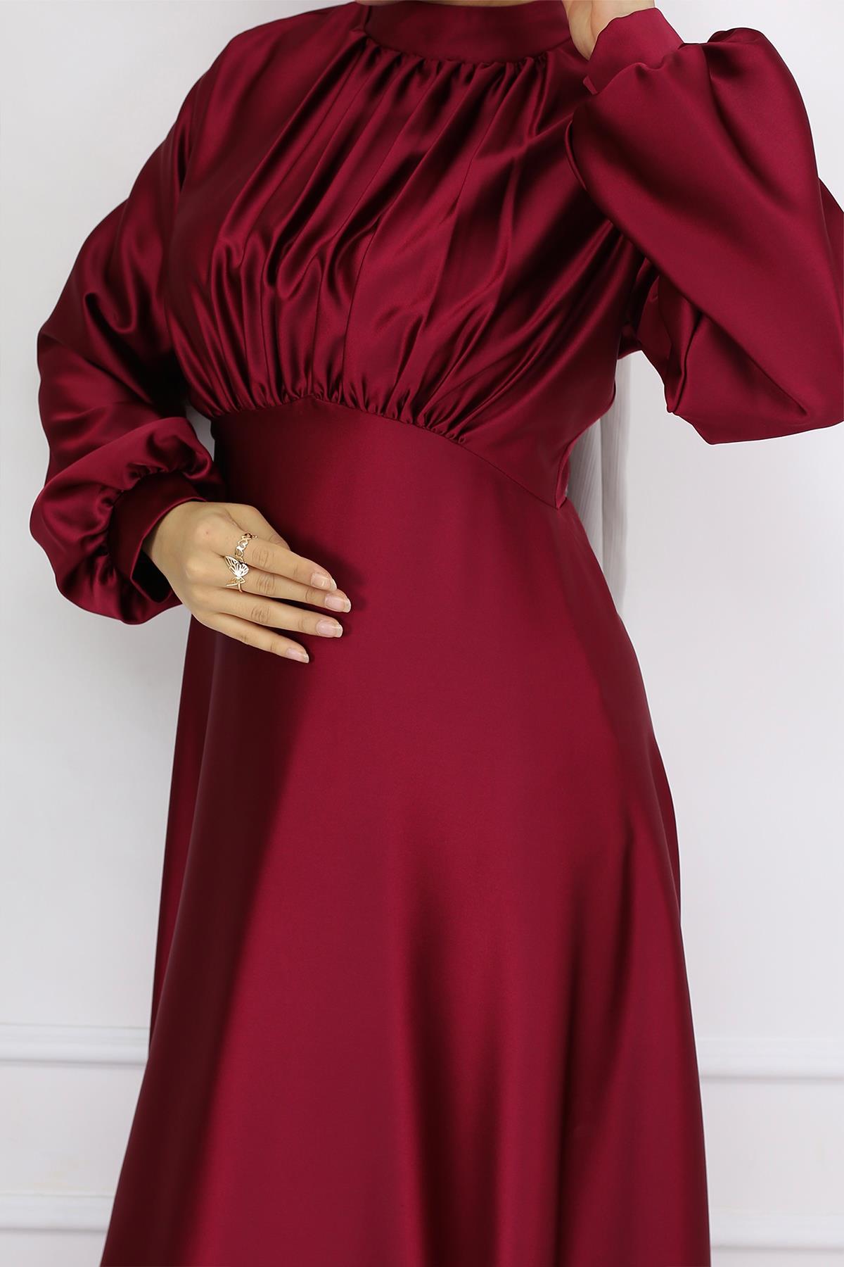 Tesettür Gülnun Saten Abiye BordoLP6094