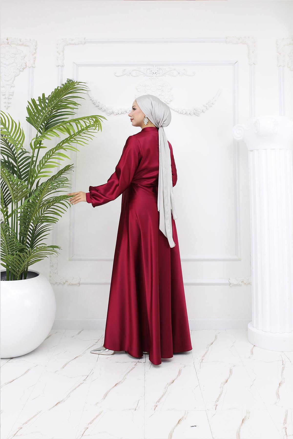 Tesettür Gülnun Saten Abiye BordoLP6094