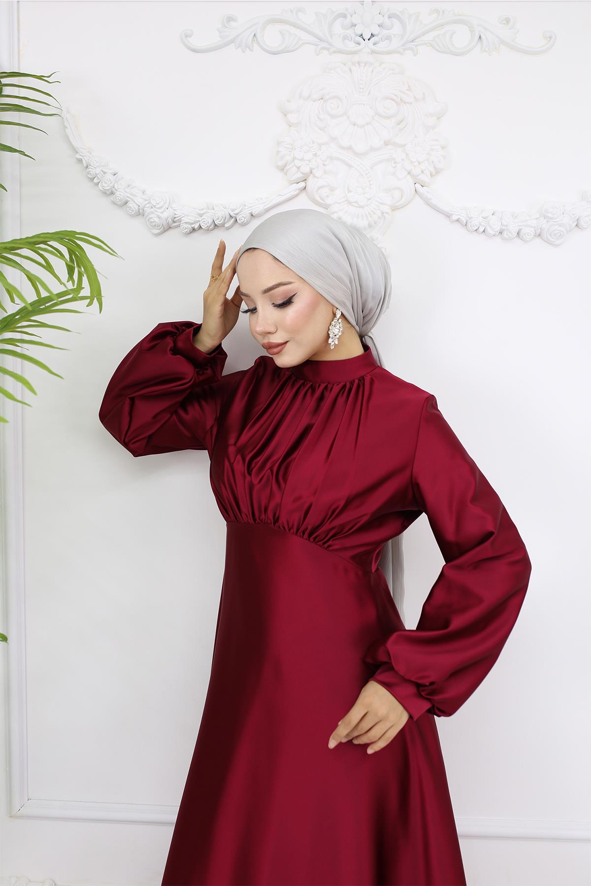 Tesettür Gülnun Saten Abiye BordoLP6094