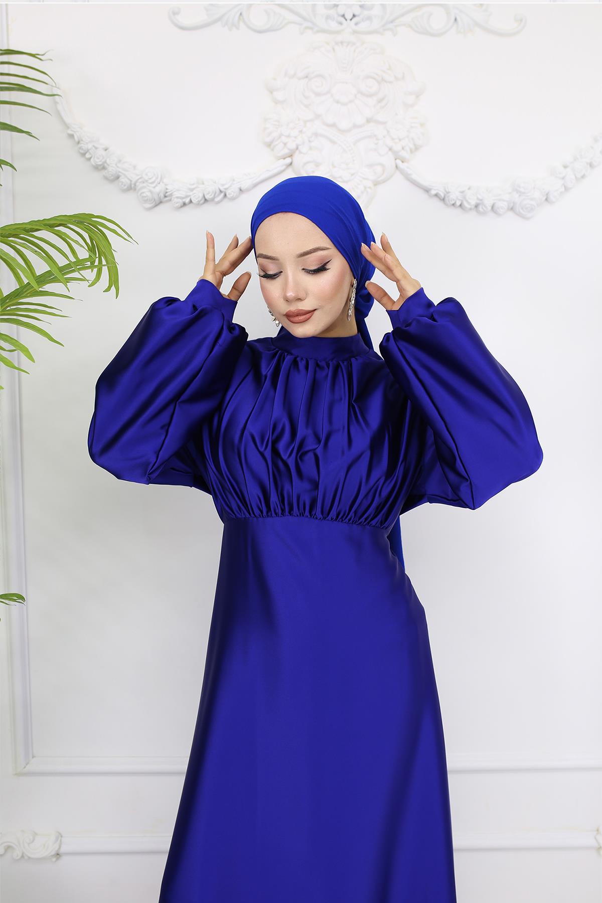 Tesettür Gülnun Saten Abiye LacivertLP6094