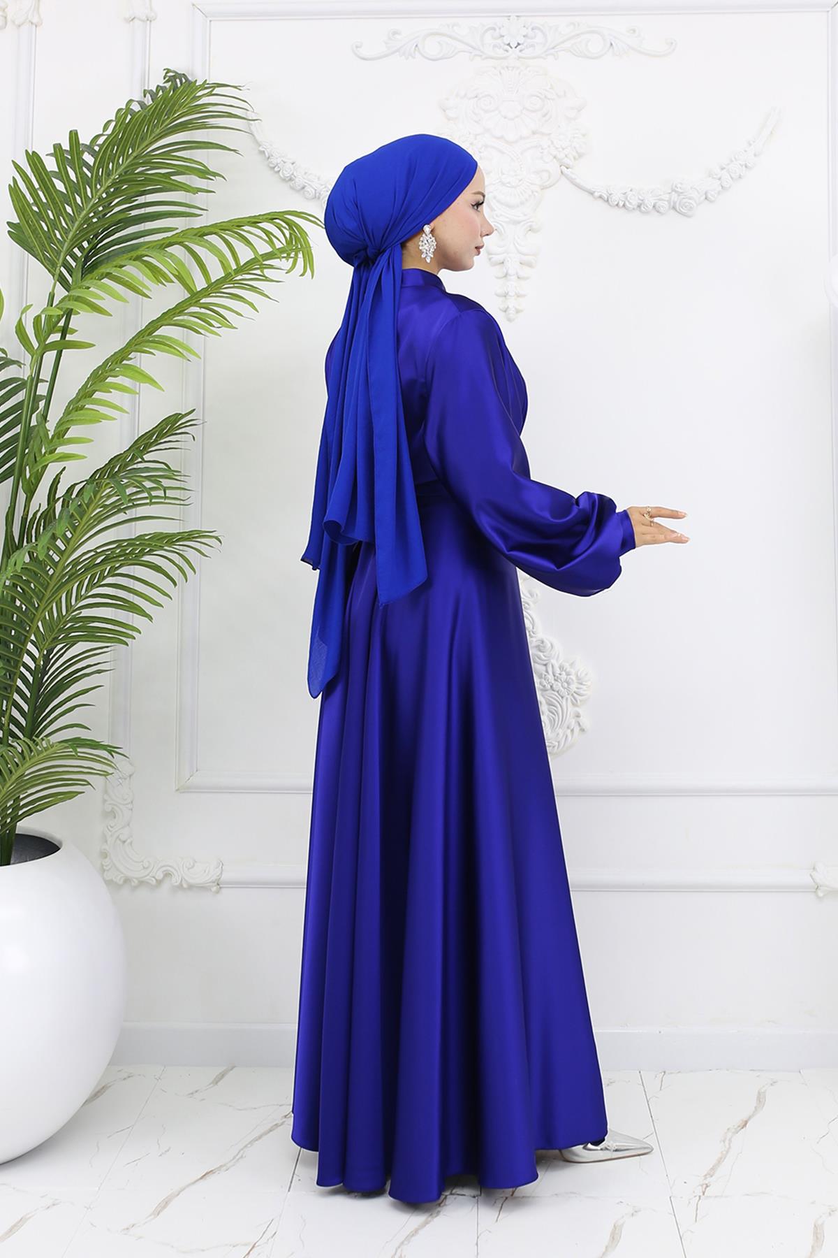 Tesettür Gülnun Saten Abiye LacivertLP6094