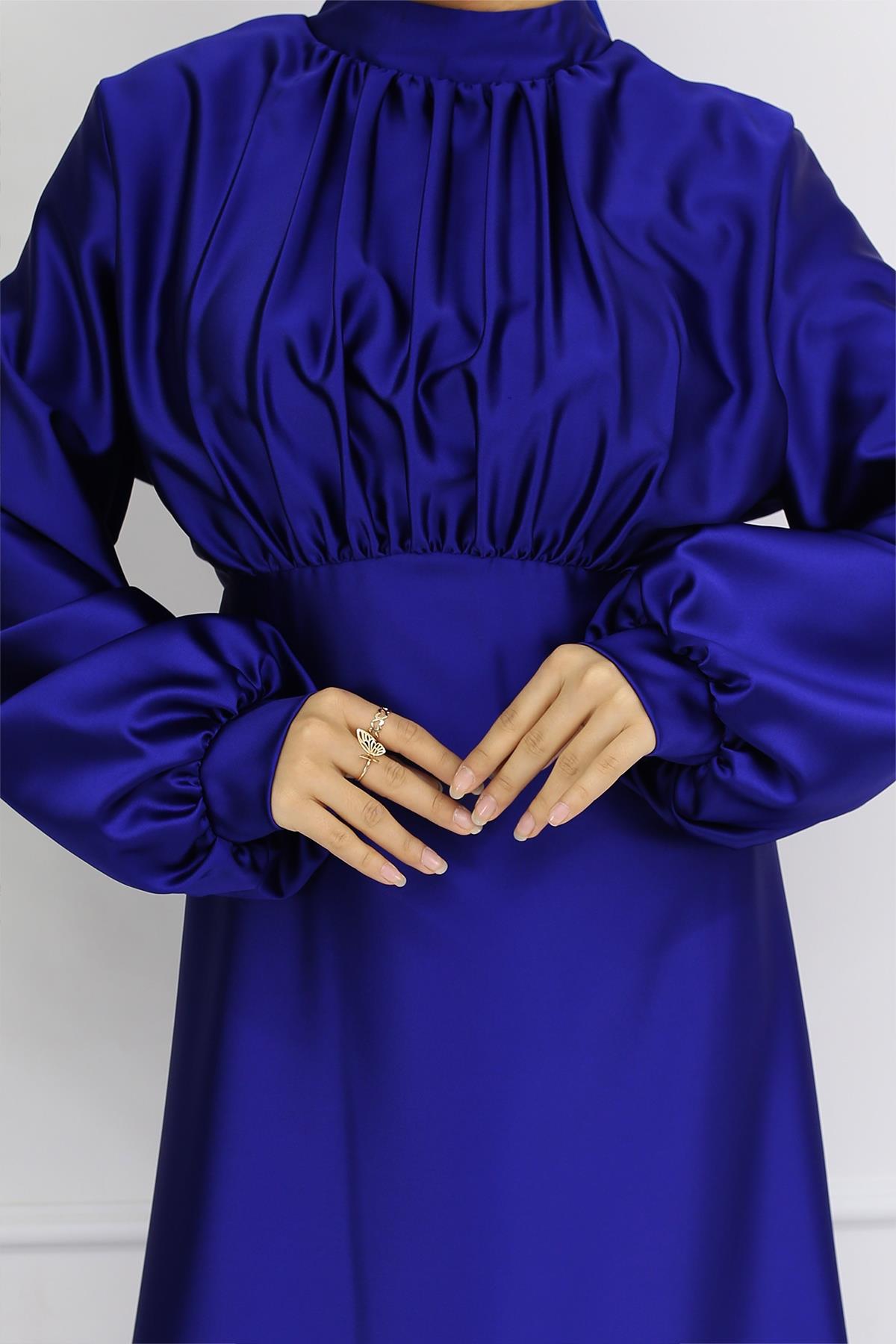 Tesettür Gülnun Saten Abiye LacivertLP6094