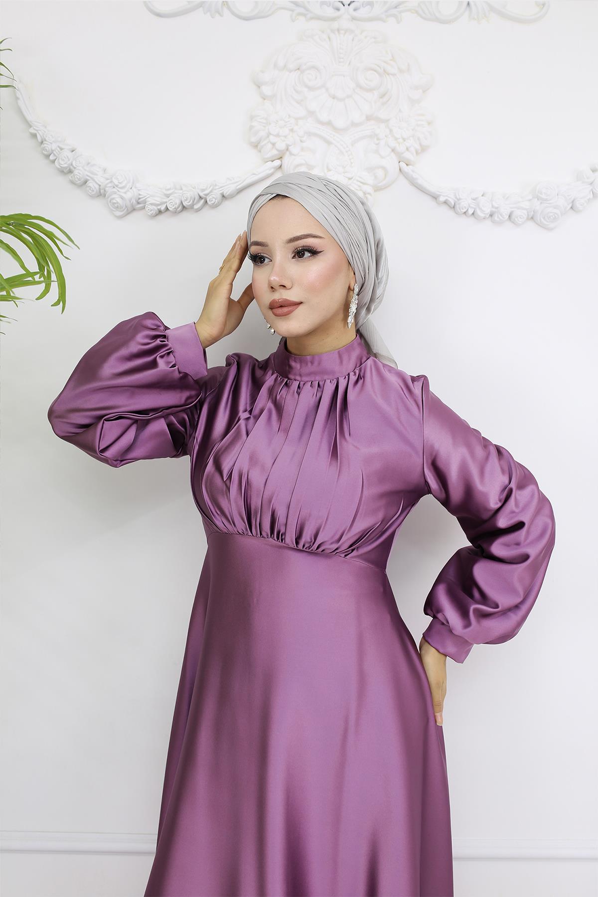 Tesettür Gülnun Saten Abiye LilaLP6094