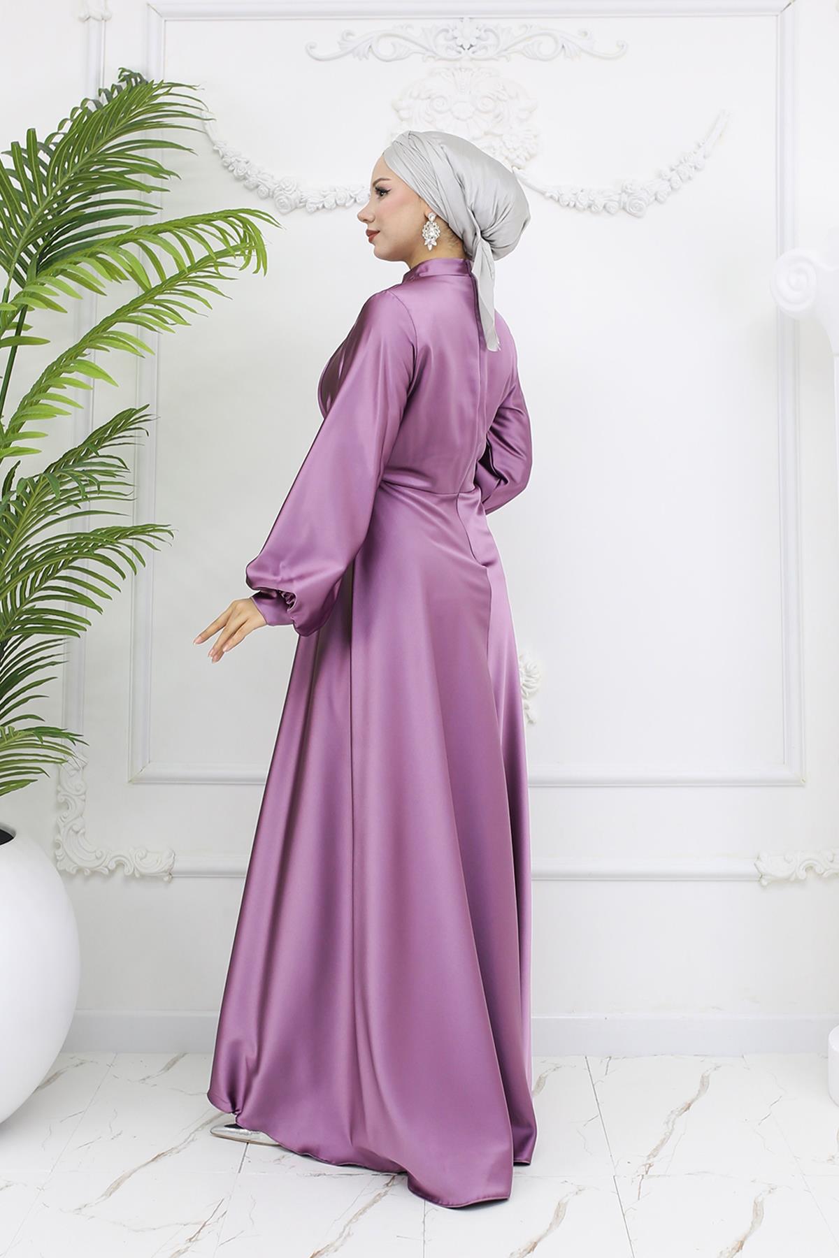 Tesettür Gülnun Saten Abiye LilaLP6094