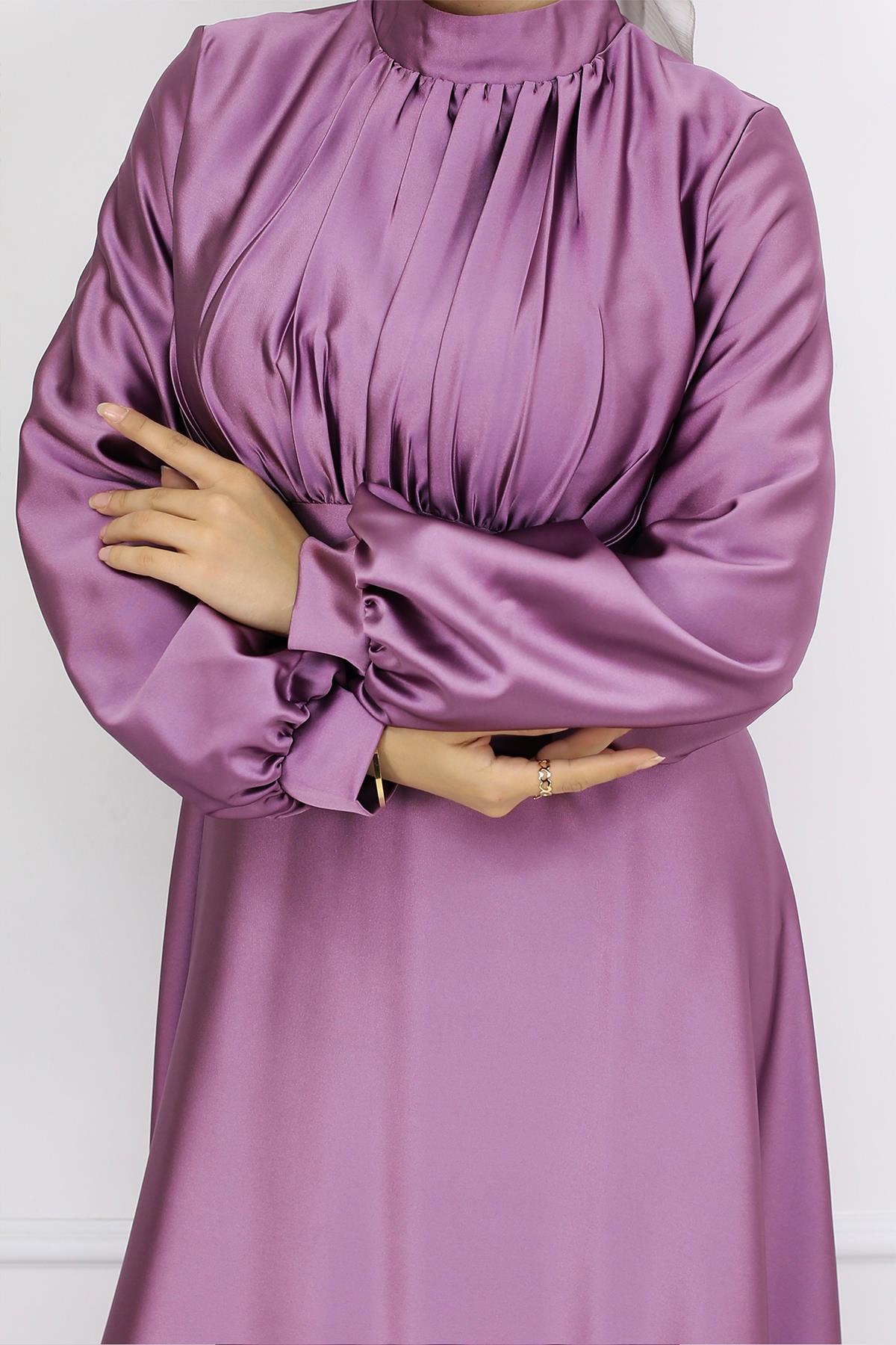 Tesettür Gülnun Saten Abiye LilaLP6094