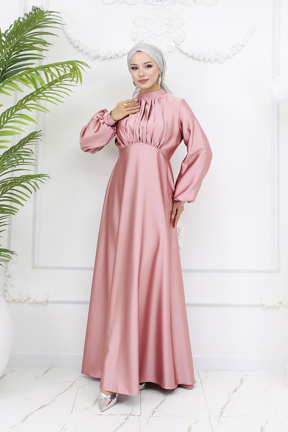 Tesettür Gülnun Saten Abiye PudraLP6094