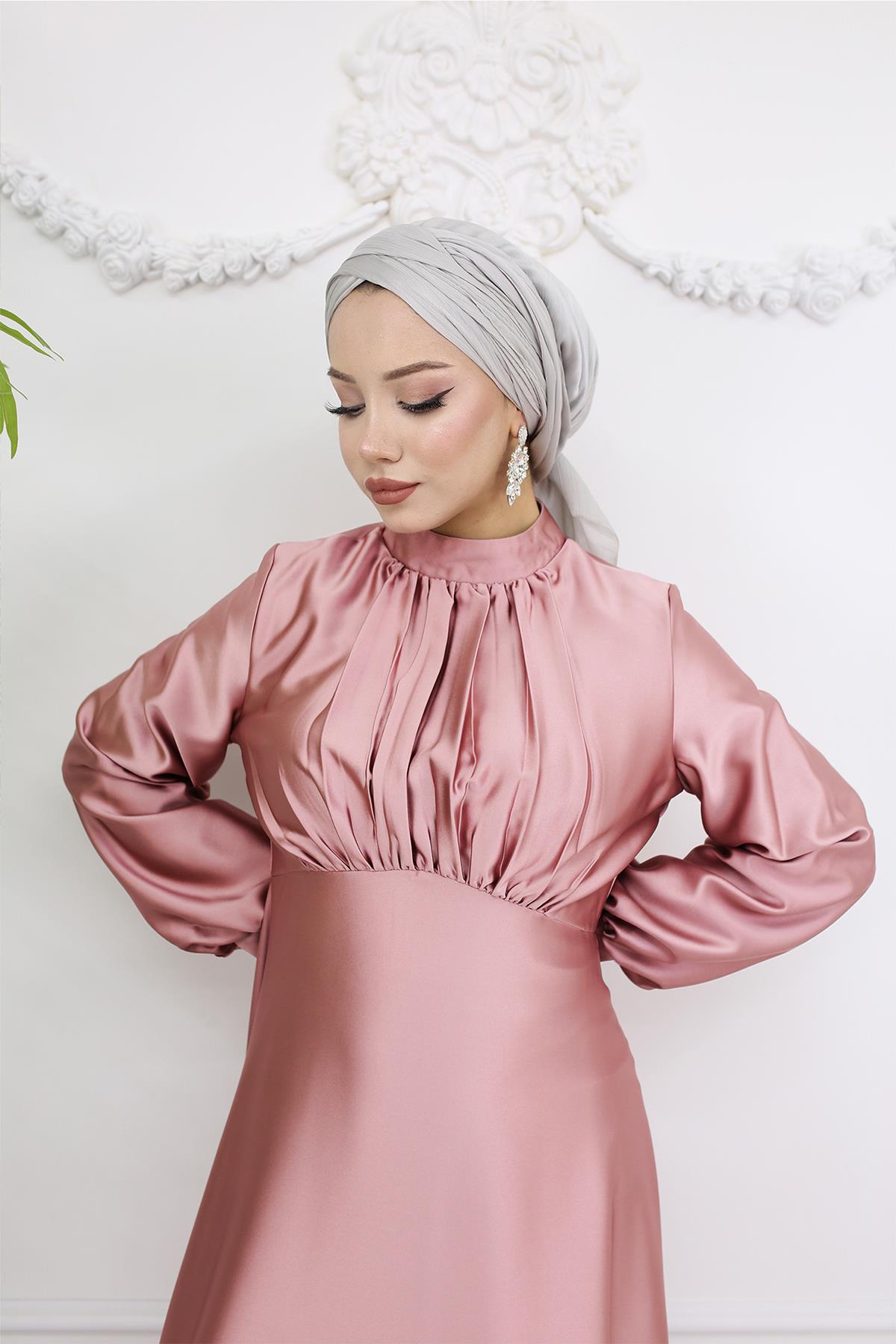 Tesettür Gülnun Saten Abiye PudraLP6094