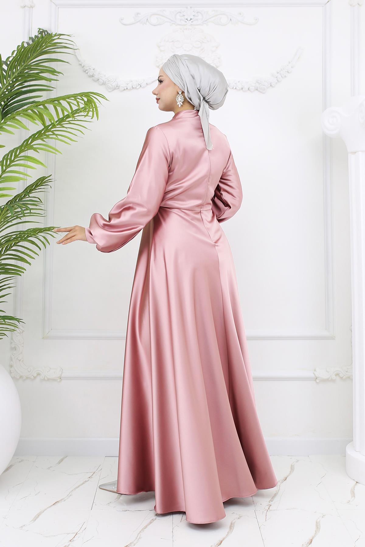 Tesettür Gülnun Saten Abiye PudraLP6094