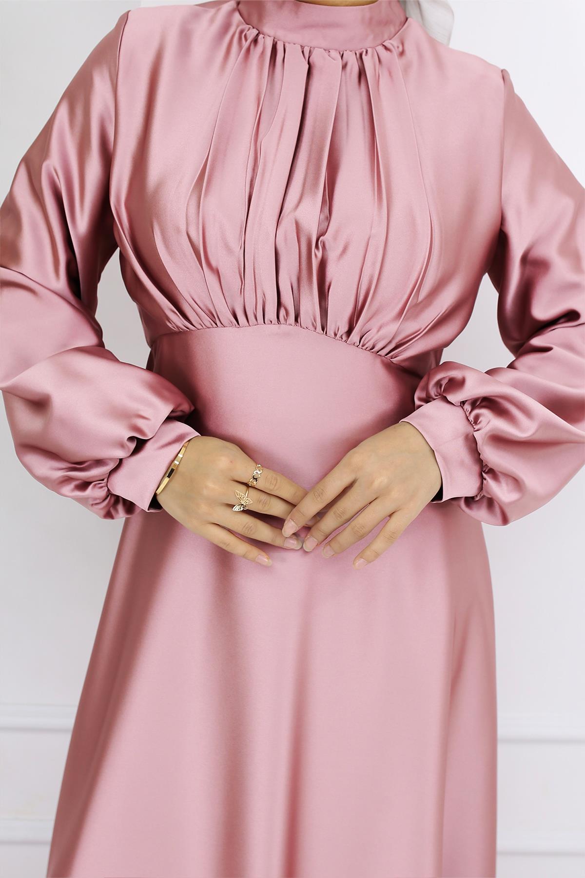 Tesettür Gülnun Saten Abiye PudraLP6094