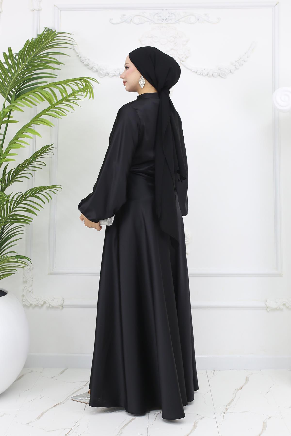 Tesettür Gülnun Saten Abiye SiyahLP6094