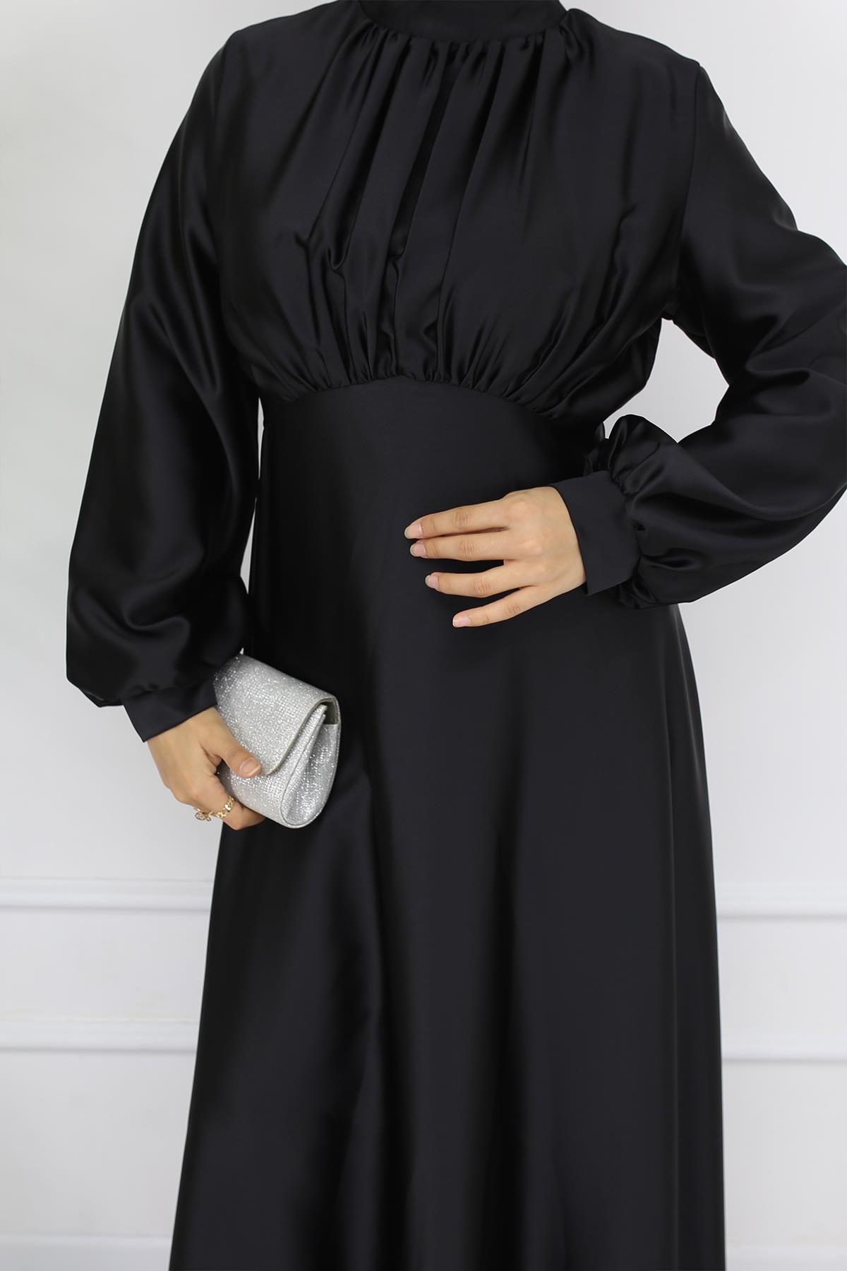 Tesettür Gülnun Saten Abiye SiyahLP6094