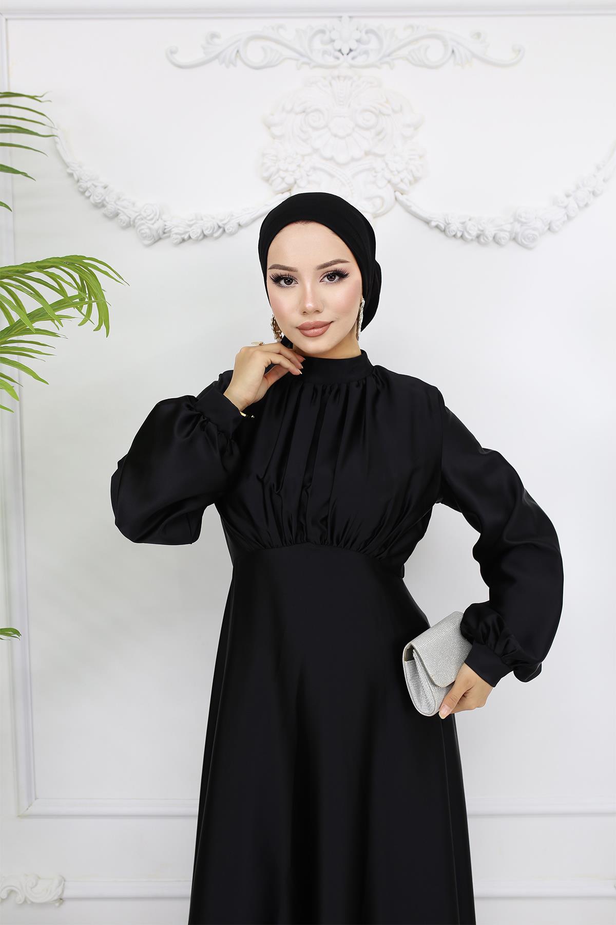 Tesettür Gülnun Saten Abiye SiyahLP6094