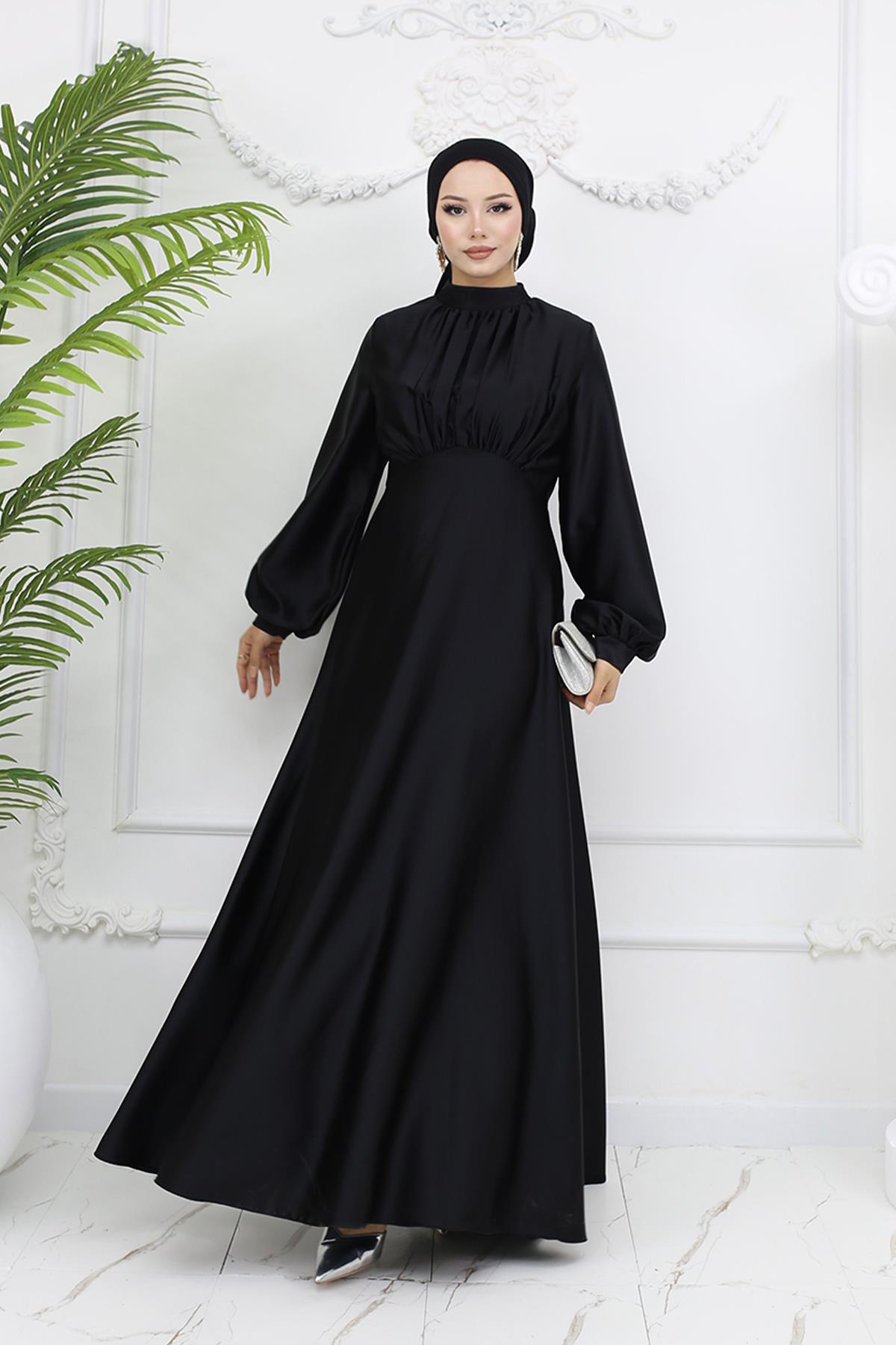 Tesettür Gülnun Saten Abiye SiyahLP6094